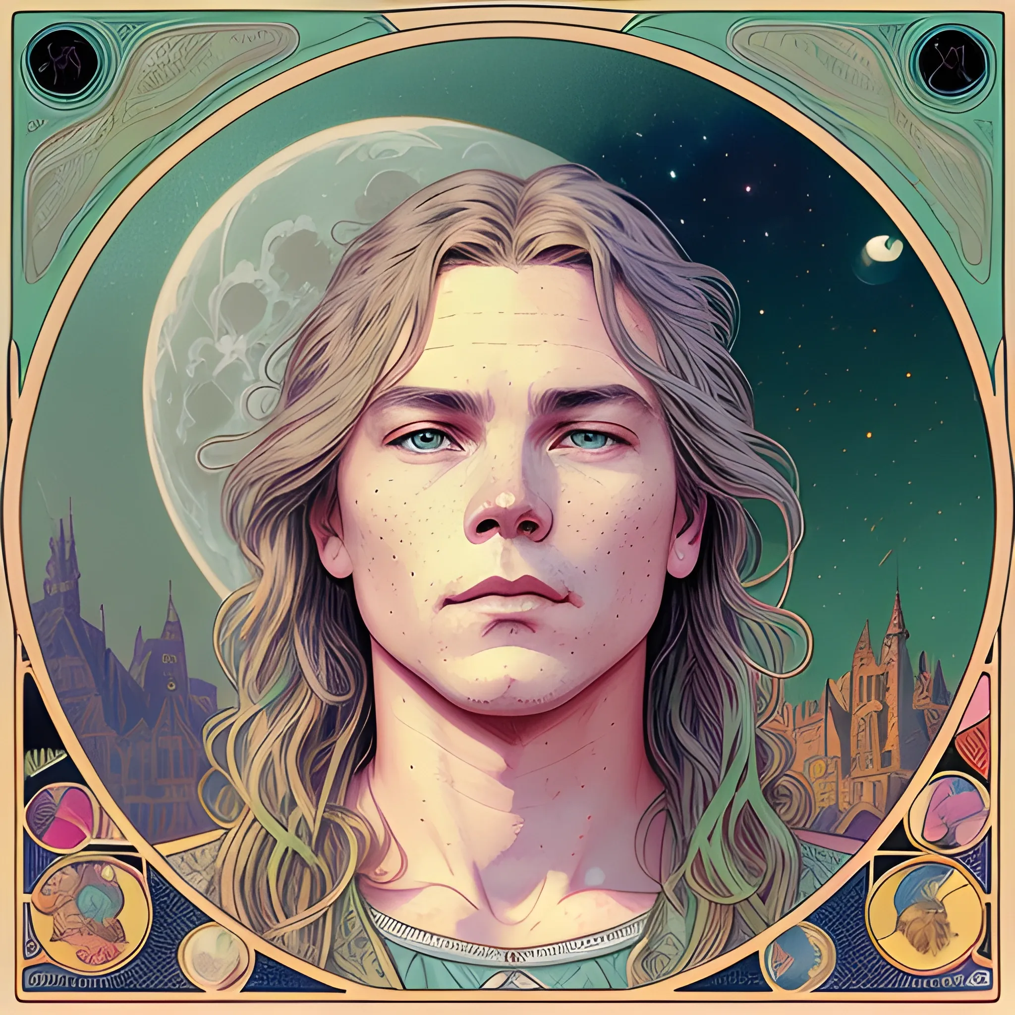 River Phoenix, his highly detailed, softly freckled handsome face, his clean, clear grey-green eyes, meticulously detailed, multi-hued, long blond hair; hippie, full moon in a nebula sky, clouds; fantasy, Vintage Art, 8k resolution art Nouveau poster; Alphonse Mucha, Artgerm, WLOP, Illustration intricately detailed, trending on Artstation, Renaissance, triadic colors, Chromolithography Soft Shading