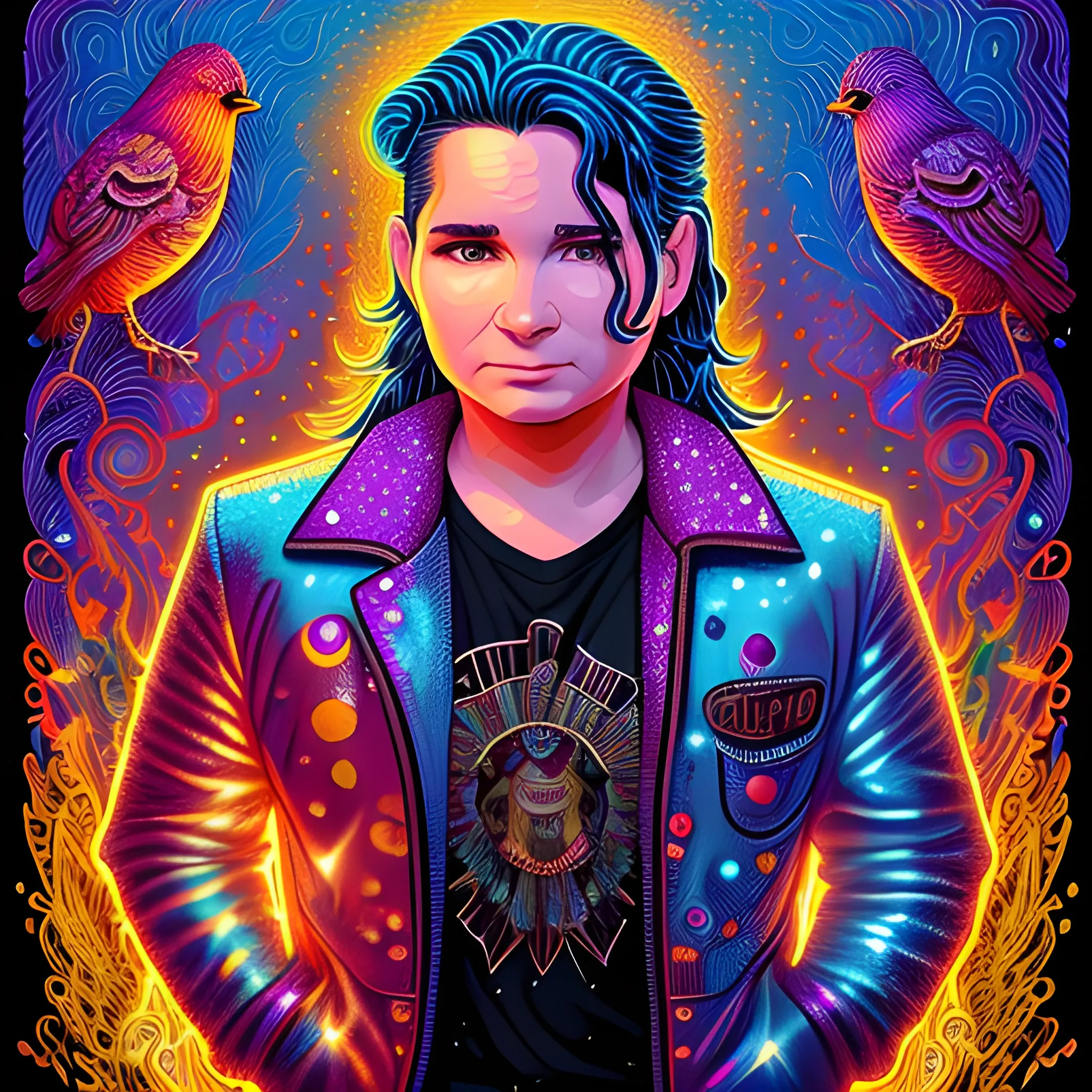 Corey Feldman, his highly detailed, handsome chubby face, brown eyes, meticulously detailed multi-hued long straight feathered hair; by James R. Eads, Fausto-Giurescu, Tania Rivilis, Dan Mumford; luminous colorful sparkles, glitter, airbrush, depth of field, volumetric lighting, rockstar