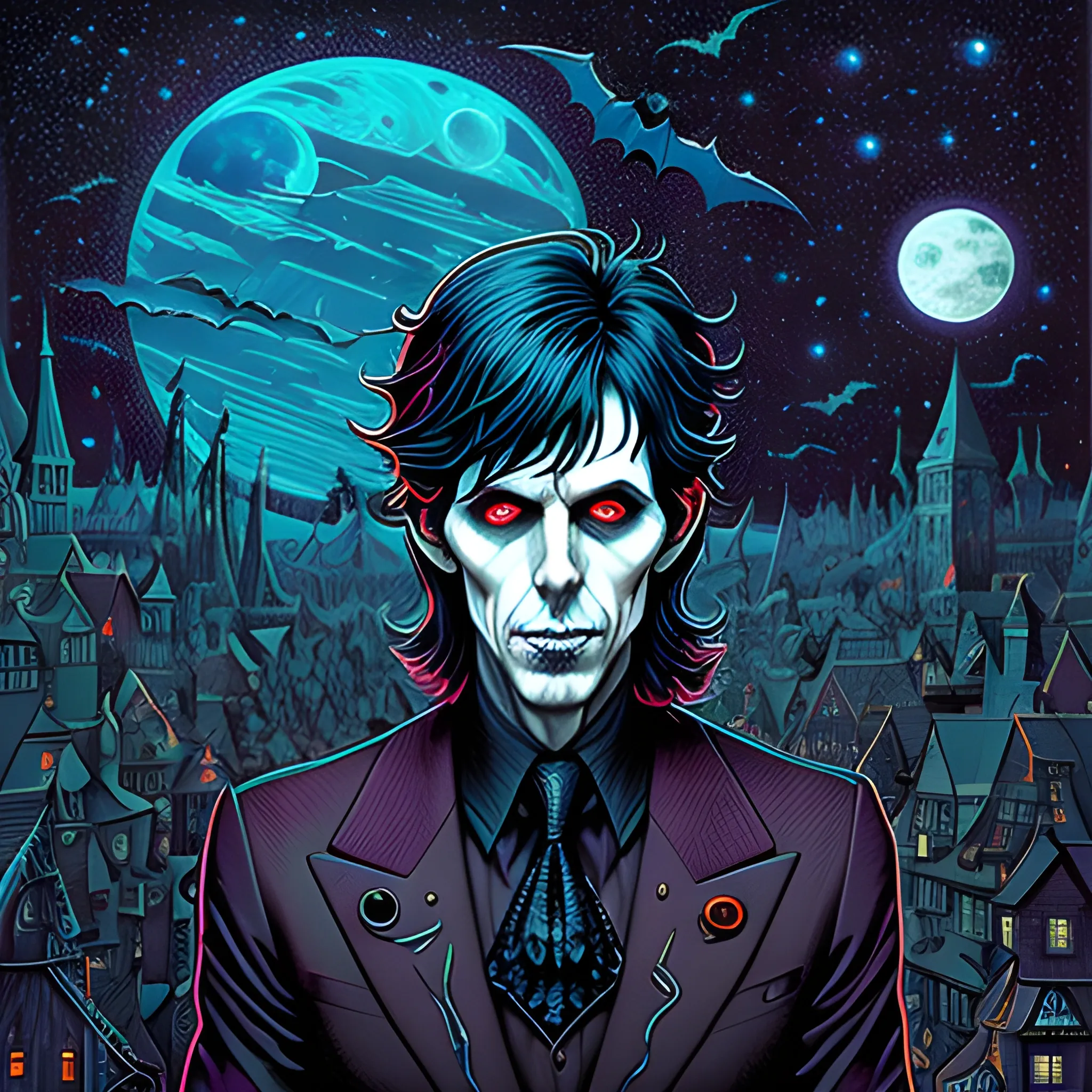 young Ric Ocasek, The Cars, his highly detailed angular, sunken face, blue eyes, meticulously detailed multi-hued short black hair, burgundy, berry wine and black, eldritch, macabre, Halloween, pumpkins, spooky, bats, full moon in a nebula sky, macabre, haunted, gothic; by Stephen Gammell, Zdzislaw Beksinski; luminous color sparkles, Vintage Art, 8k resolution, Artgerm, WLOP, Lisa Frank, James R. Eads, Illustration intricately detailed, Artstation, Chromolithography Soft Shading