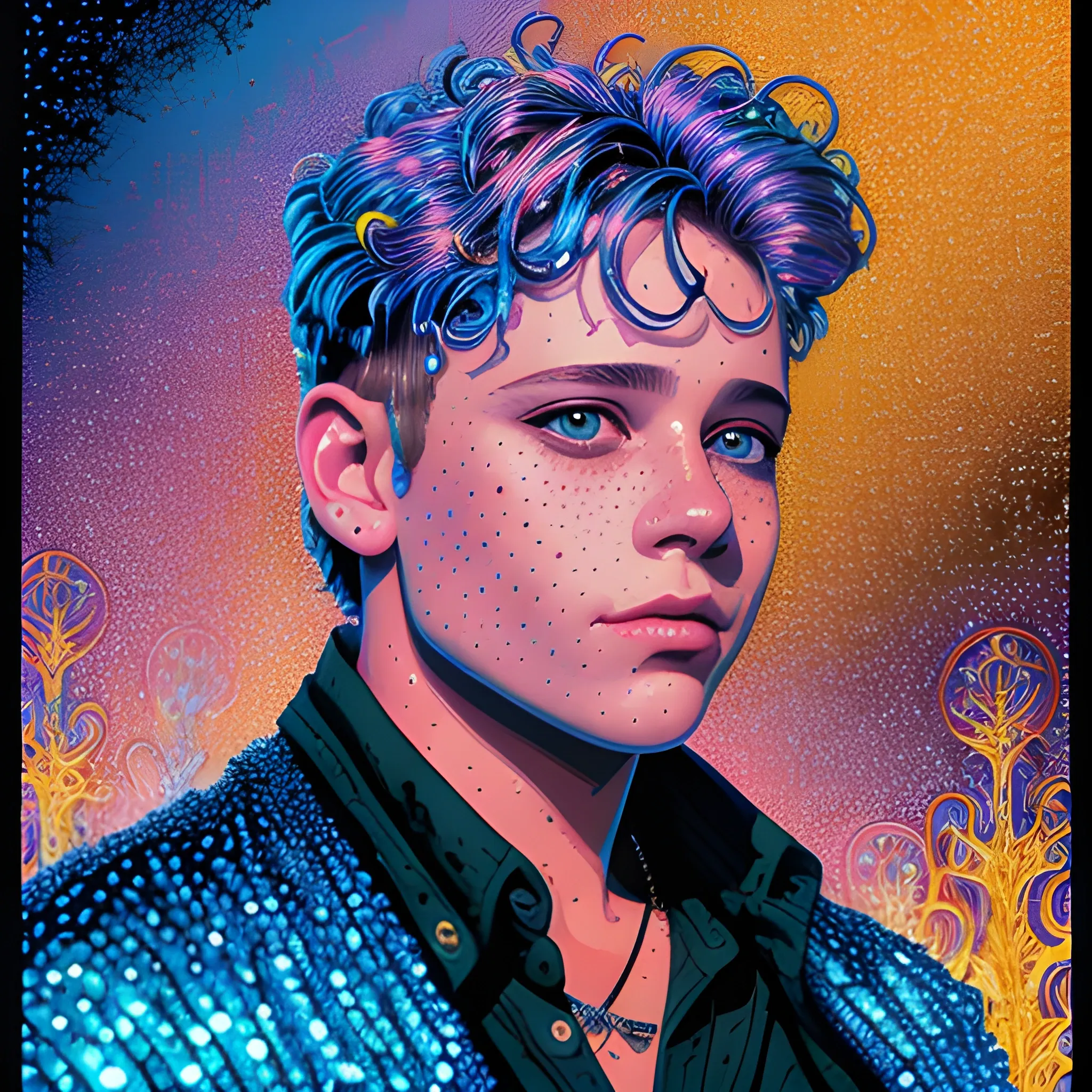 Corey Haim, his long and narrow highly detailed, softly freckled handsome face, blue eyes, meticulously detailed multi-hued hair; by James R. Eads, Fausto-Giurescu, Tania Rivilis, Dan Mumford; luminous colorful sparkles, glitter, airbrush, depth of field, volumetric lighting, rockstar