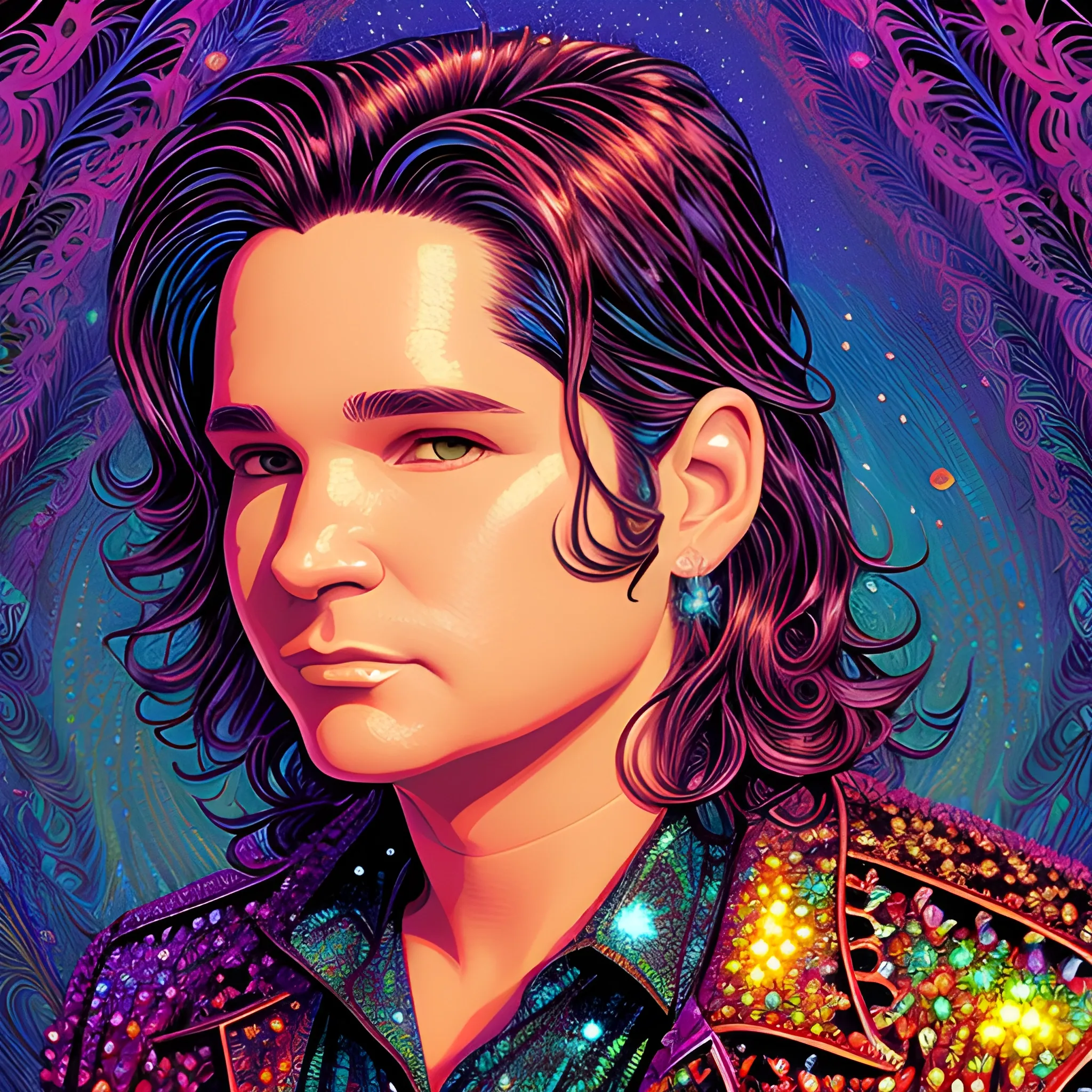 Corey Feldman, his highly detailed, handsome chubby face, brown eyes, meticulously detailed multi-hued long straight feathered hair; by James R. Eads, Fausto-Giurescu, Tania Rivilis, Dan Mumford; luminous colorful sparkles, glitter, airbrush, depth of field, volumetric lighting, rockstar