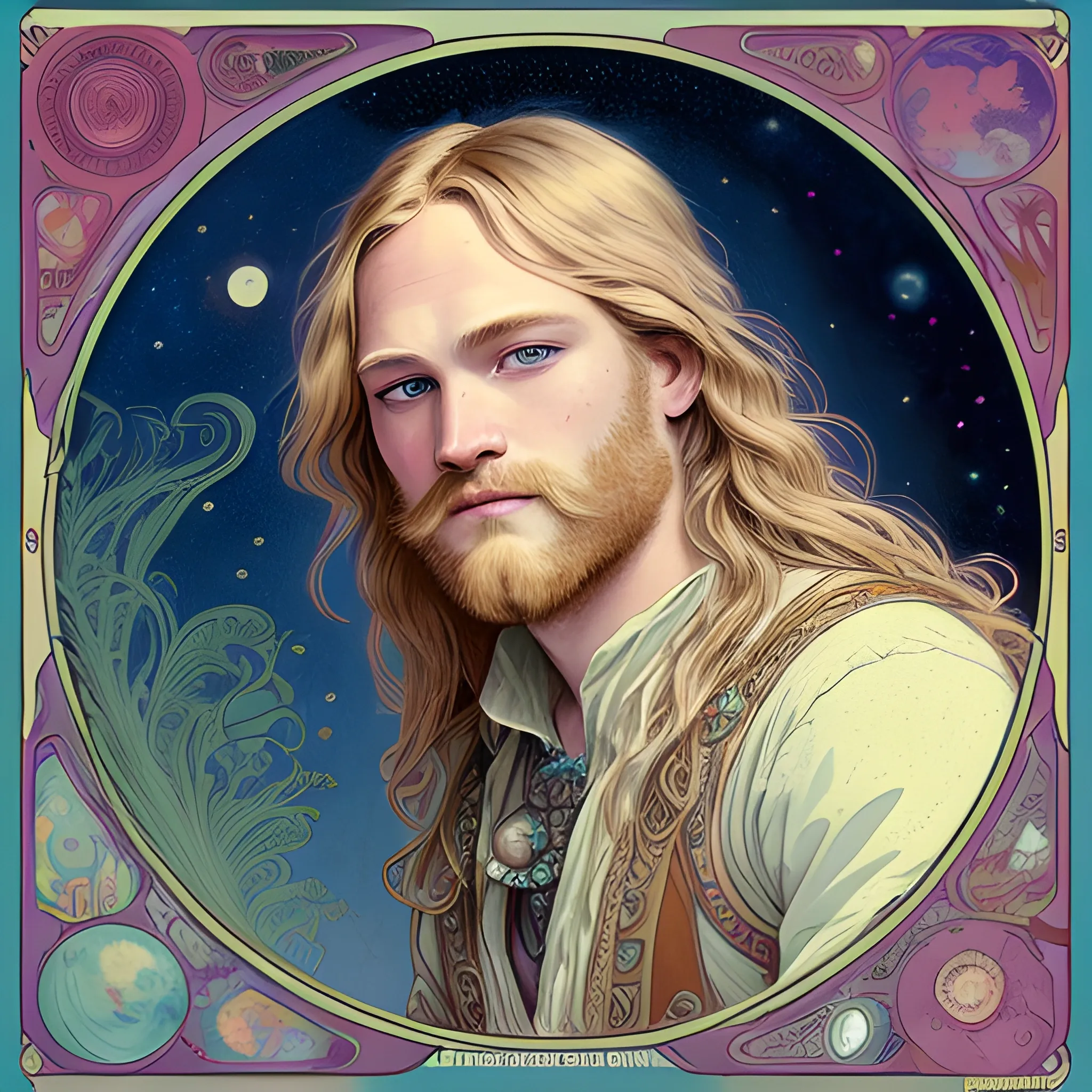 Wyatt Russell, his highly detailed, softly freckled handsome face, his clean, clear blue eyes, meticulously detailed, multi-hued, long blond hair; hippie, full moon in a nebula sky, clouds; fantasy, Vintage Art, 8k resolution art Nouveau poster; Alphonse Mucha, Artgerm, WLOP, Illustration intricately detailed, trending on Artstation, Renaissance, triadic colors, Chromolithography Soft Shading