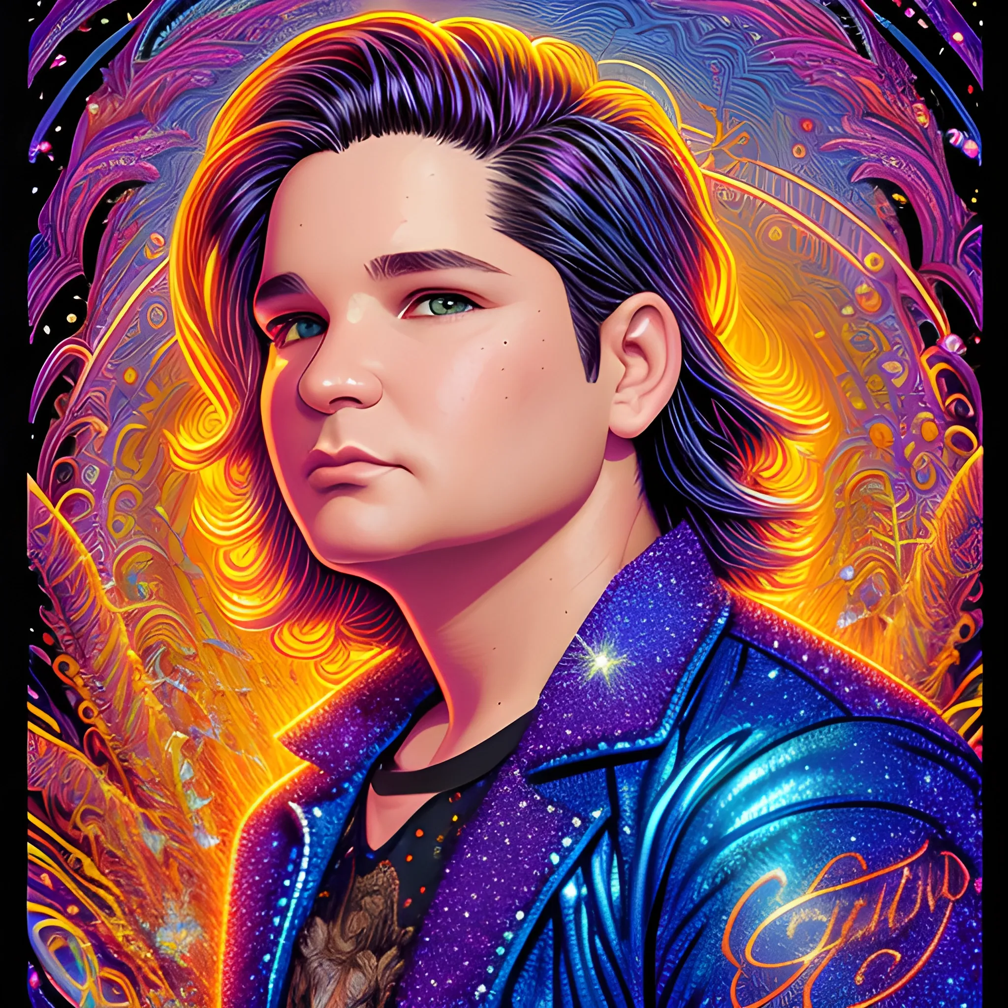 Corey Feldman, his highly detailed, handsome chubby face, brown eyes, meticulously detailed multi-hued long straight feathered hair; by James R. Eads, Fausto-Giurescu, Tania Rivilis, Dan Mumford; luminous colorful sparkles, glitter, airbrush, depth of field, volumetric lighting, rockstar