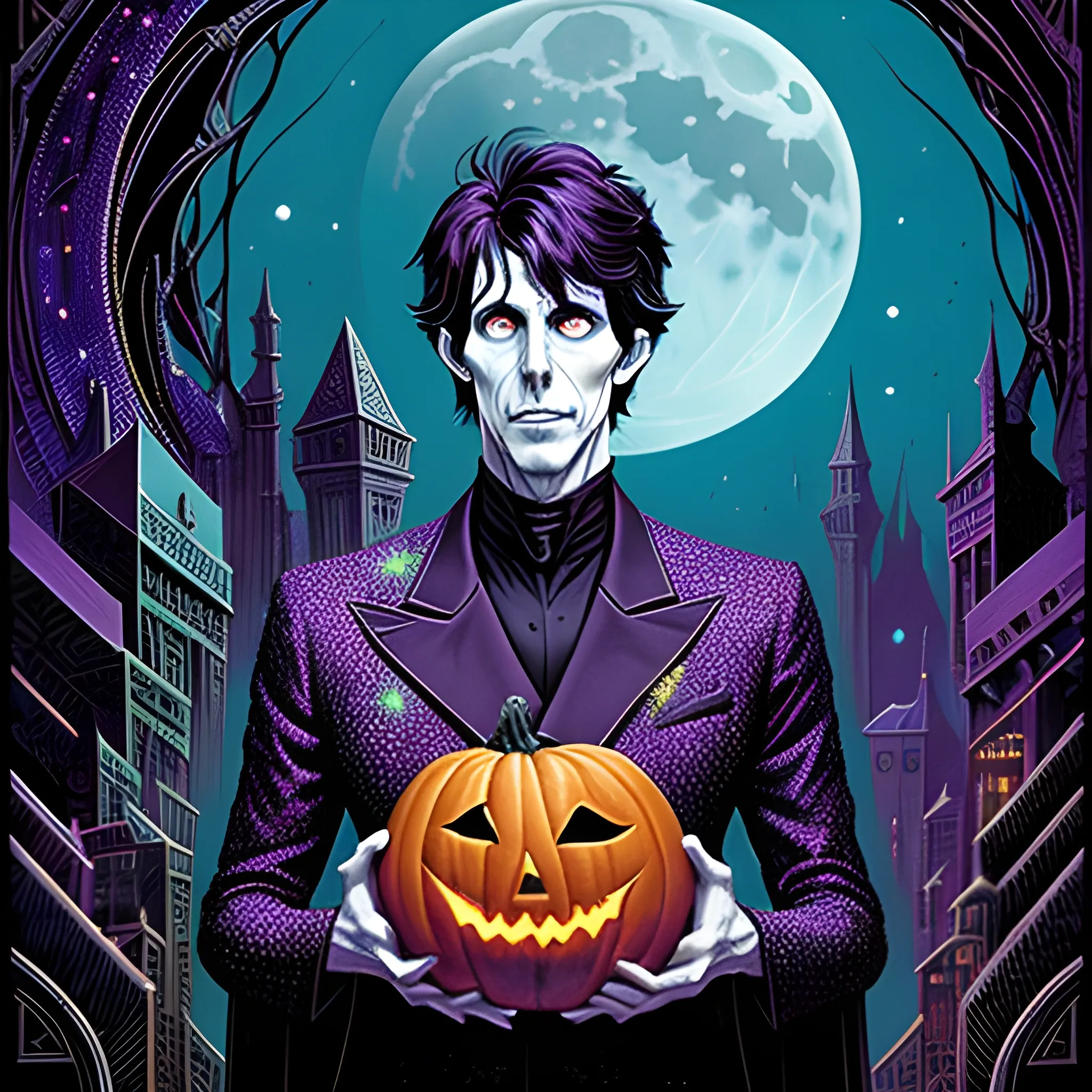 young Ric Ocasek, The Cars, his highly detailed angular, sunken face, blue eyes, meticulously detailed multi-hued short black hair, burgundy, berry wine and black, eldritch, macabre, Halloween, pumpkins, spooky, bats, full moon in a nebula sky, macabre, haunted, gothic; by Stephen Gammell, Zdzislaw Beksinski; luminous color sparkles, Vintage Art, 8k resolution, Artgerm, WLOP, Lisa Frank, James R. Eads, Illustration intricately detailed, Artstation, Chromolithography Soft Shading