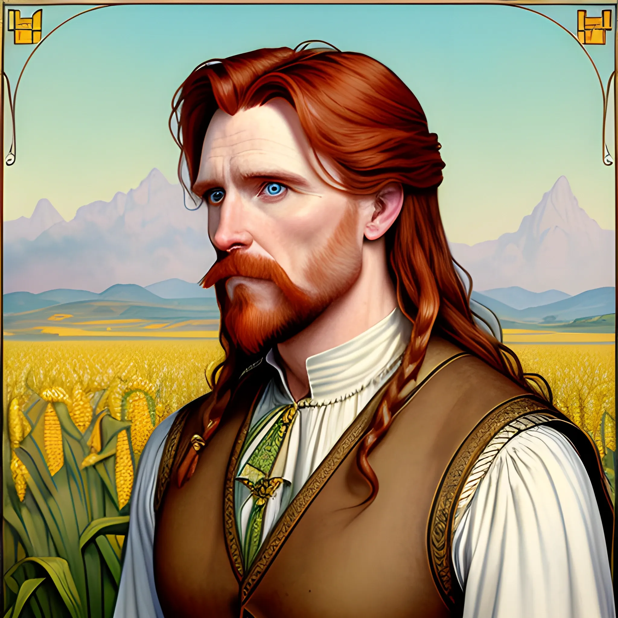 young man Malachai of the Corn, Courtney Gains, his highly detailed, softly freckled handsome face, his clean, clear eyes, meticulously detailed, multi-hued, long red hair; hippie, pirate, the man gazes to the cornfield; yellow, blue, green, across a misty pastel-colored cornfield, corn, corn on the cob, clouds; fantasy, Vintage Art, 8k resolution art Nouveau poster; Alphonse Mucha, Artgerm, WLOP, Illustration intricately detailed, trending on Artstation, Renaissance, triadic colors, Chromolithography Soft Shading, male, man, corn