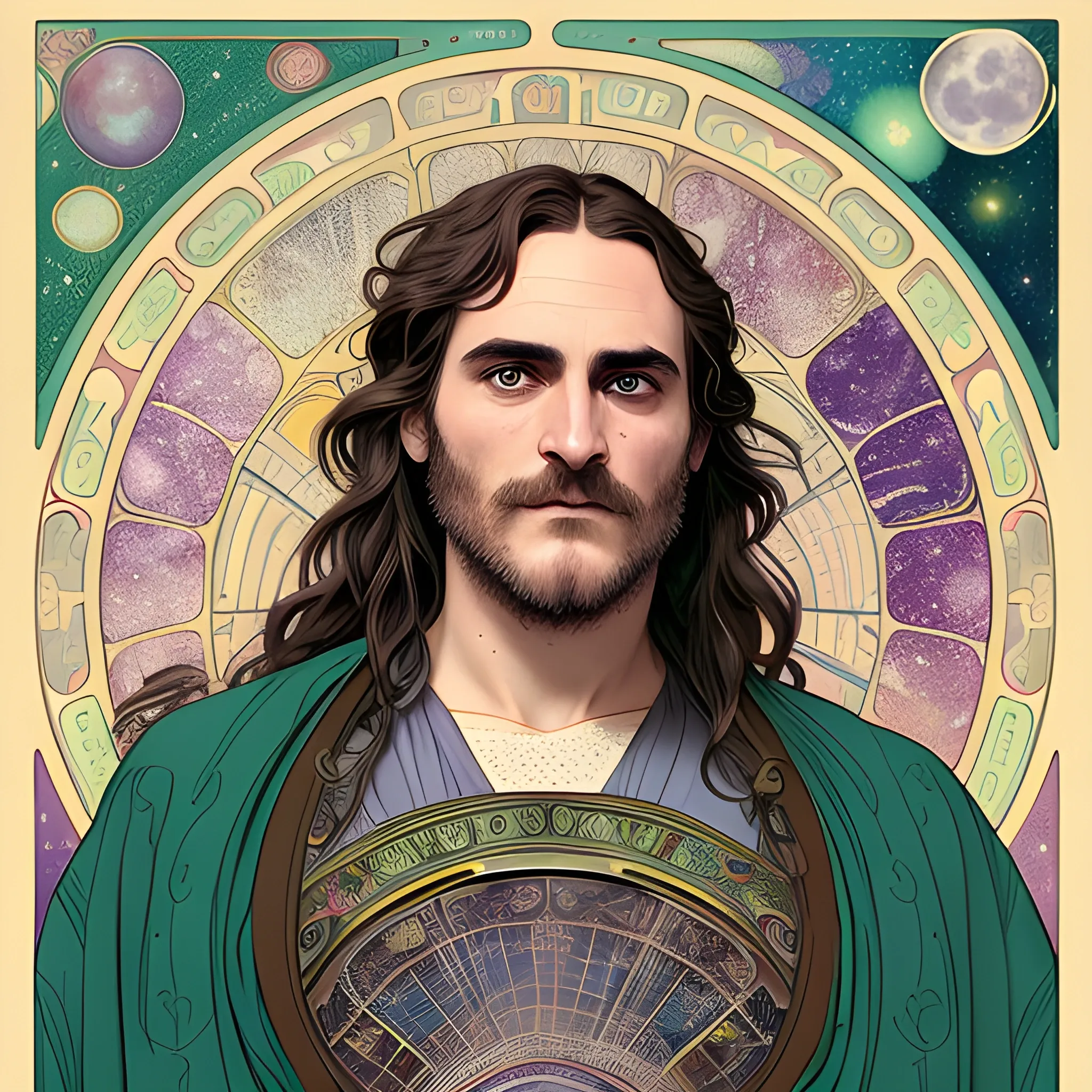 Joaquin Phoenix, his highly detailed, softly freckled handsome face, his clean, clear lavender-green eyes, meticulously detailed, multi-hued, long dark hair; hippie, fullmoon in a nebula sky, clouds; fantasy, Vintage Art, 8k resolution art Nouveau poster; Alphonse Mucha, Artgerm, WLOP, Illustration intricately detailed, trending on Artstation, Renaissance, triadic colors, Chromolithography Soft Shading