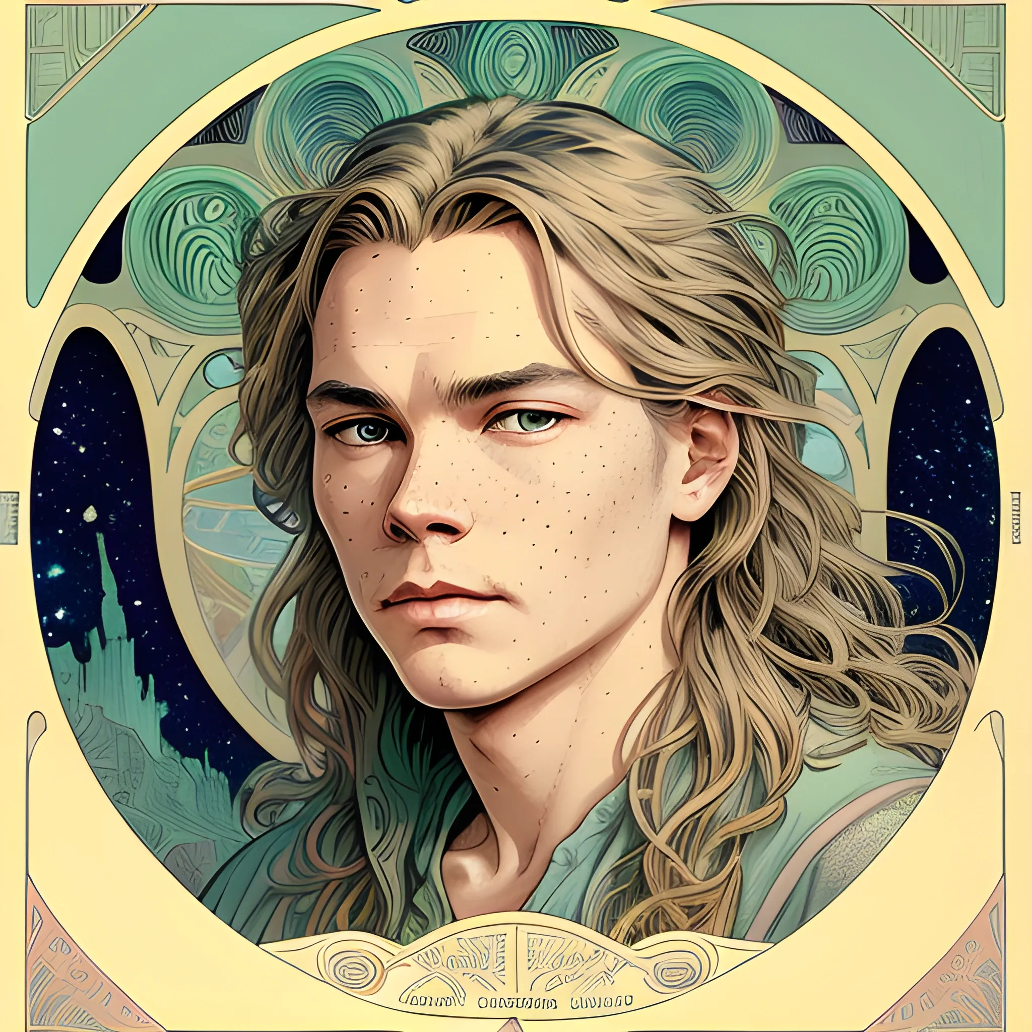 River Phoenix, his highly detailed, softly freckled handsome face, his clean, clear grey-green eyes, meticulously detailed, multi-hued, long blond hair; hippie, full moon in a nebula sky, clouds; fantasy, Vintage Art, 8k resolution art Nouveau poster; Alphonse Mucha, Artgerm, WLOP, Illustration intricately detailed, trending on Artstation, Renaissance, triadic colors, Chromolithography Soft Shading