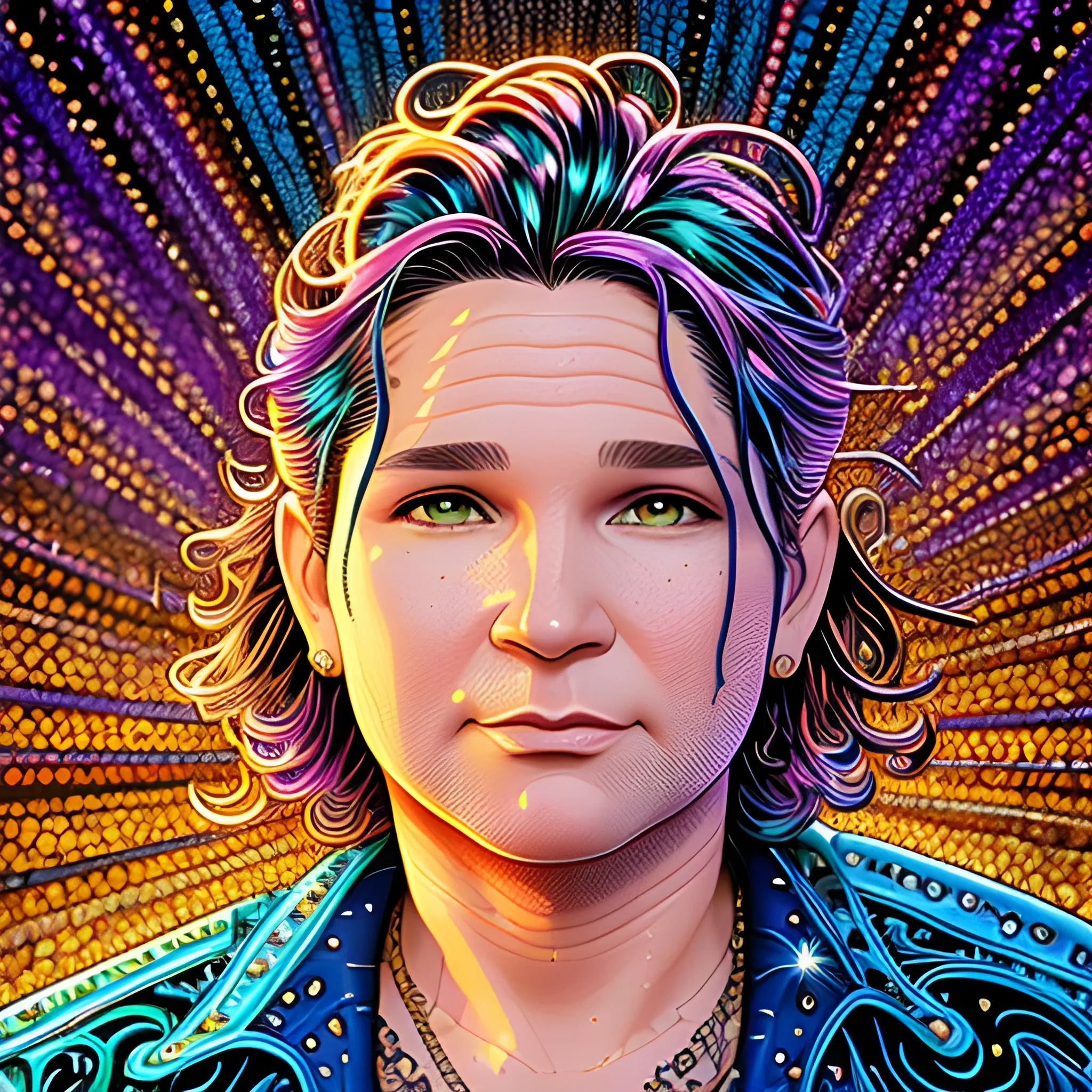 Corey Feldman, his highly detailed, handsome chubby face, brown eyes, meticulously detailed multi-hued long straight feathered hair; by James R. Eads, Fausto-Giurescu, Tania Rivilis, Dan Mumford; luminous colorful sparkles, glitter, airbrush, depth of field, volumetric lighting, rockstar