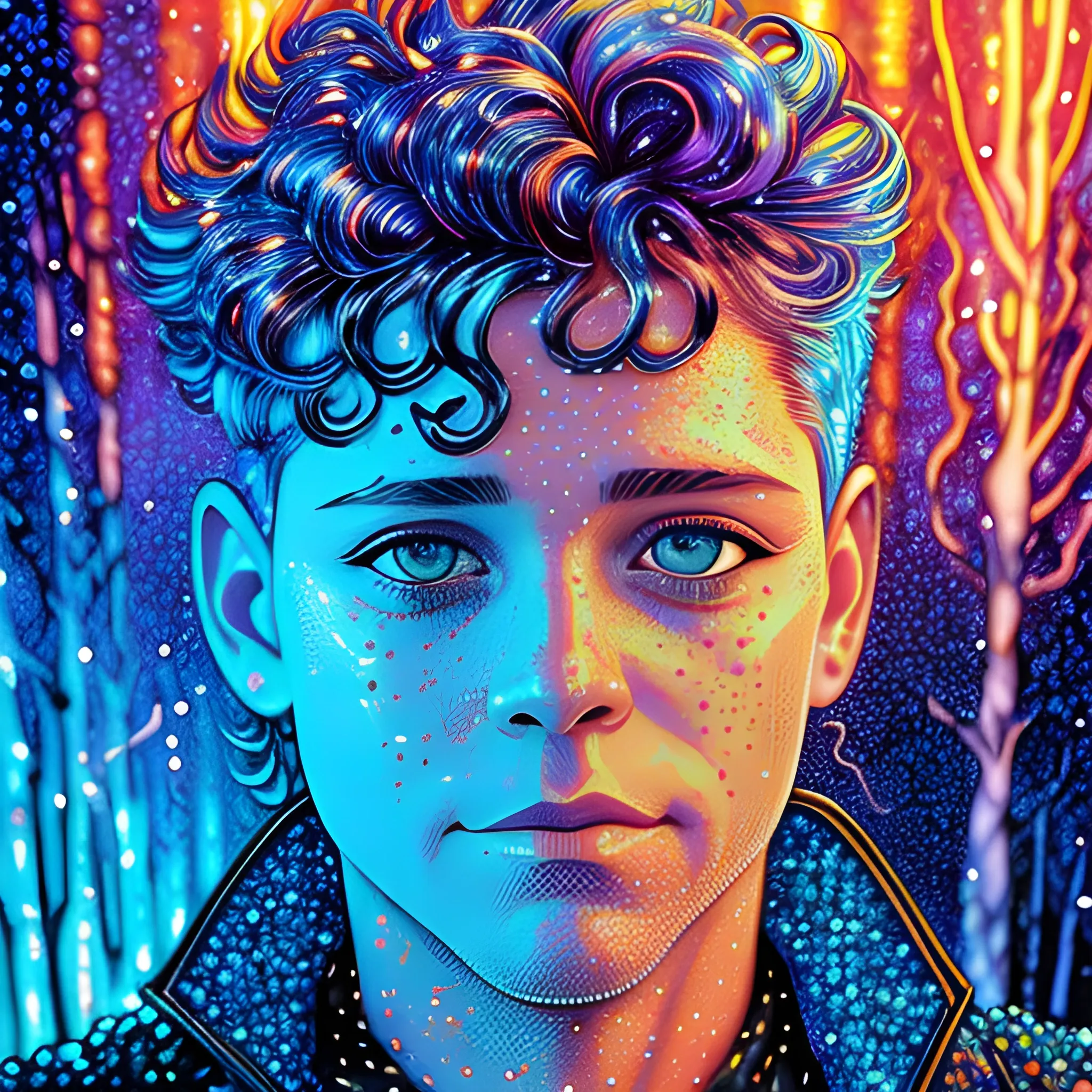 Corey Haim, his long and narrow highly detailed, softly freckled handsome face, blue eyes, meticulously detailed multi-hued hair; by James R. Eads, Fausto-Giurescu, Tania Rivilis, Dan Mumford; luminous colorful sparkles, glitter, airbrush, depth of field, volumetric lighting, rockstar