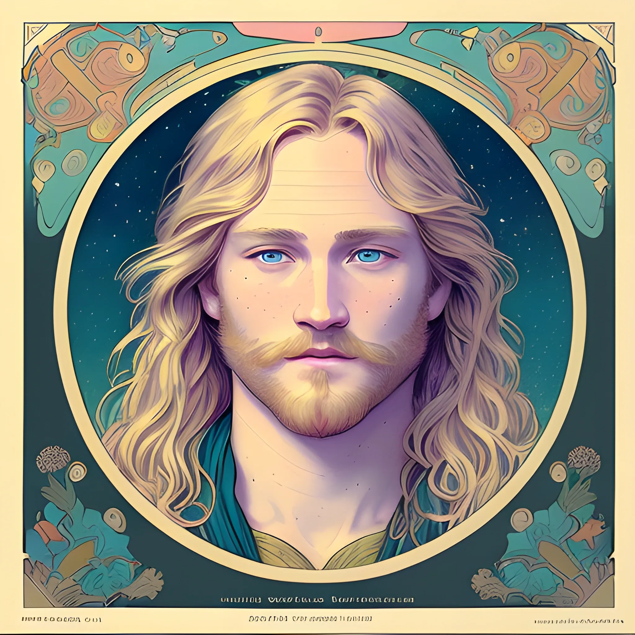 Wyatt Russell, his highly detailed, softly freckled handsome face, his clean, clear blue eyes, meticulously detailed, multi-hued, long blond hair; hippie, full moon in a nebula sky, clouds; fantasy, Vintage Art, 8k resolution art Nouveau poster; Alphonse Mucha, Artgerm, WLOP, Illustration intricately detailed, trending on Artstation, Renaissance, triadic colors, Chromolithography Soft Shading