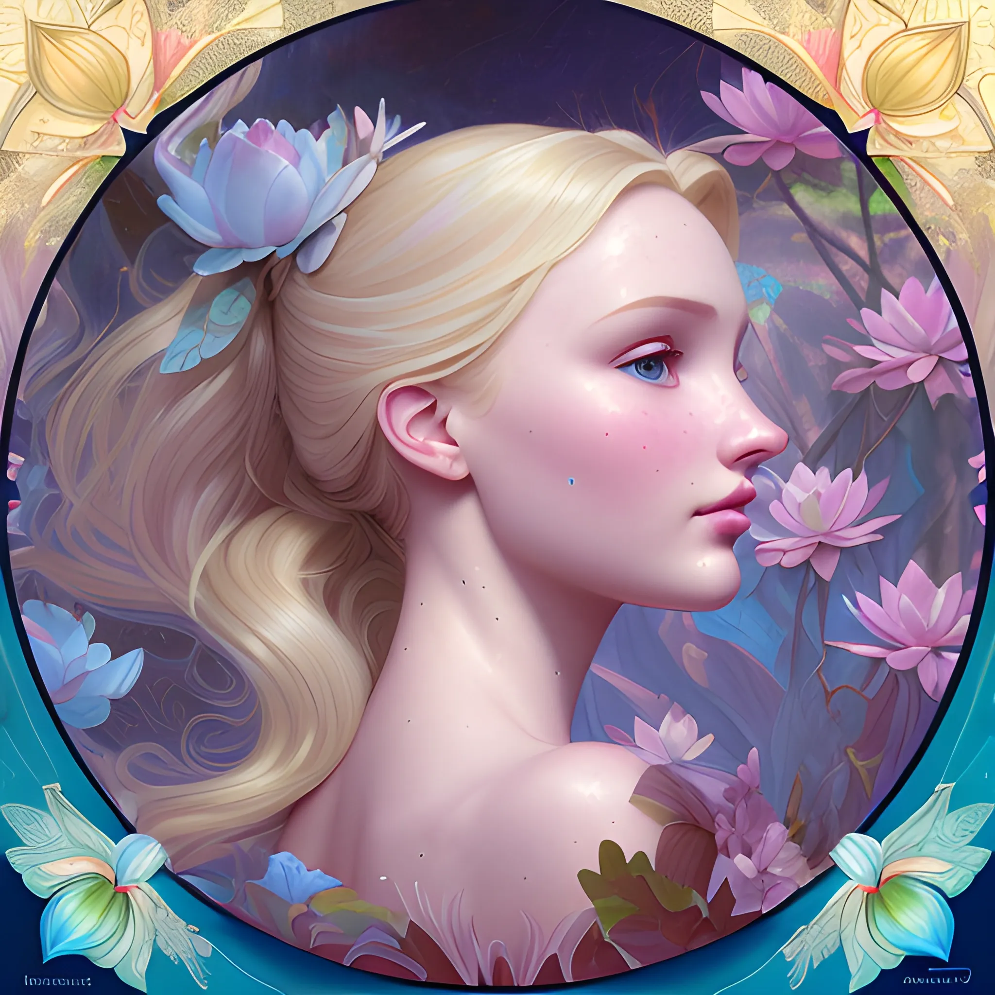 Elsa Hosk / Dove Cameron face morph; beautiful twins at a lotus pond; highly detailed beautiful faces; glitter, renaissance; high contrast, pastel, sorbet, pearlescent, Unreal Engine 5; by Dan Parent, Alphonse Mucha, Artgerm, WLOP, intricately detailed, fantasy, bizarre, beautiful, Chromolithography, Soft Shading, Unreal Engine; digital painting, smooth, sharp focus, illustration, art by lisa frank, Steve Goad, Frank Frazetta, William-Adolphe Bouguereau, Unreal Engine 5, Cartoon, 3D, Oil Painting