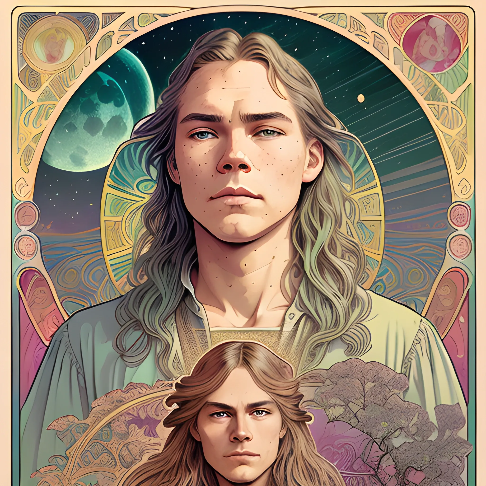 River Phoenix, his highly detailed, softly freckled handsome face, his clean, clear grey-green eyes, meticulously detailed, multi-hued, long blond hair; hippie, full moon in a nebula sky, clouds; fantasy, Vintage Art, 8k resolution art Nouveau poster; Alphonse Mucha, Artgerm, WLOP, Illustration intricately detailed, trending on Artstation, Renaissance, triadic colors, Chromolithography Soft Shading