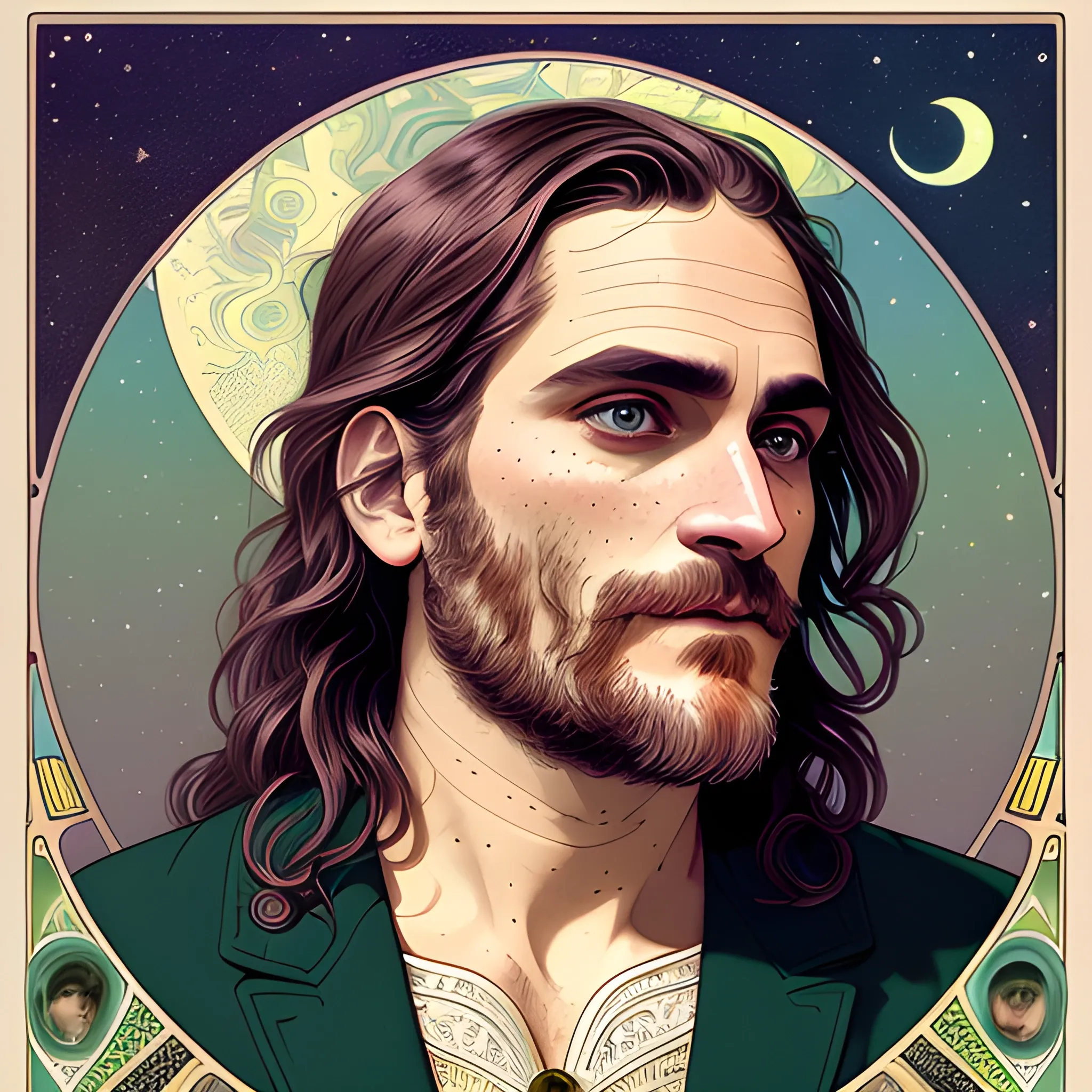 Joaquin Phoenix, his highly detailed, softly freckled handsome face, his clean, clear lavender-green eyes, meticulously detailed, multi-hued, long dark hair; hippie, full moon in a nebula sky, clouds; fantasy, Vintage Art, 8k resolution art Nouveau poster; Alphonse Mucha, Artgerm, WLOP, Illustration intricately detailed, trending on Artstation, Renaissance, triadic colors, Chromolithography Soft Shading