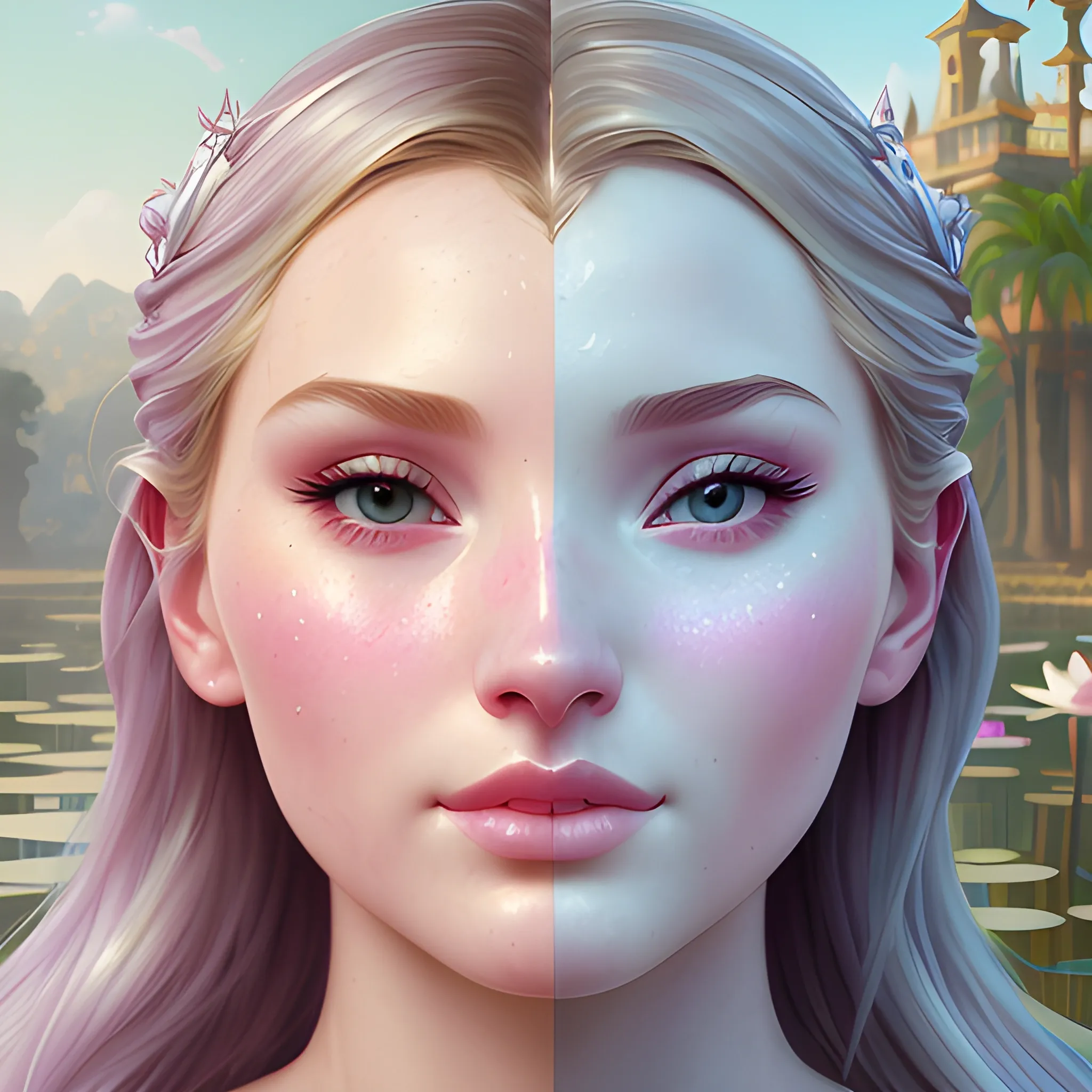 Elsa Hosk / Dove Cameron face morph; beautiful twins at a lotus pond; highly detailed beautiful faces; glitter, renaissance; high contrast, pastel, sorbet, pearlescent, Unreal Engine 5; by Dan Parent, Alphonse Mucha, Artgerm, WLOP, intricately detailed, fantasy, bizarre, beautiful, Chromolithography, Soft Shading, Unreal Engine; digital painting, smooth, sharp focus, illustration, art by lisa frank, Steve Goad, Frank Frazetta, William-Adolphe Bouguereau, Unreal Engine 5, Cartoon, 3D, Oil Painting