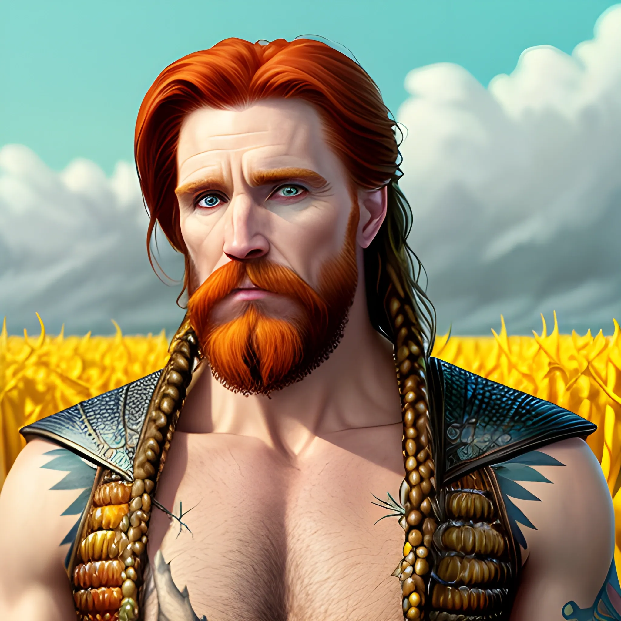 young man Malachai of the Corn, Courtney Gains, his highly detailed, softly freckled handsome face, his clean, clear eyes, meticulously detailed, multi-hued, long red hair; hippie, pirate, Viking, the man gazes to the cornfield; yellow, blue, green, across a misty pastel-colored cornfield, corn, corn on the cob, clouds; fantasy, 16k resolution poster; Artgerm, WLOP, Illustration intricately detailed, trending on Artstation, Chromolithography Soft Shading, male, man, corn