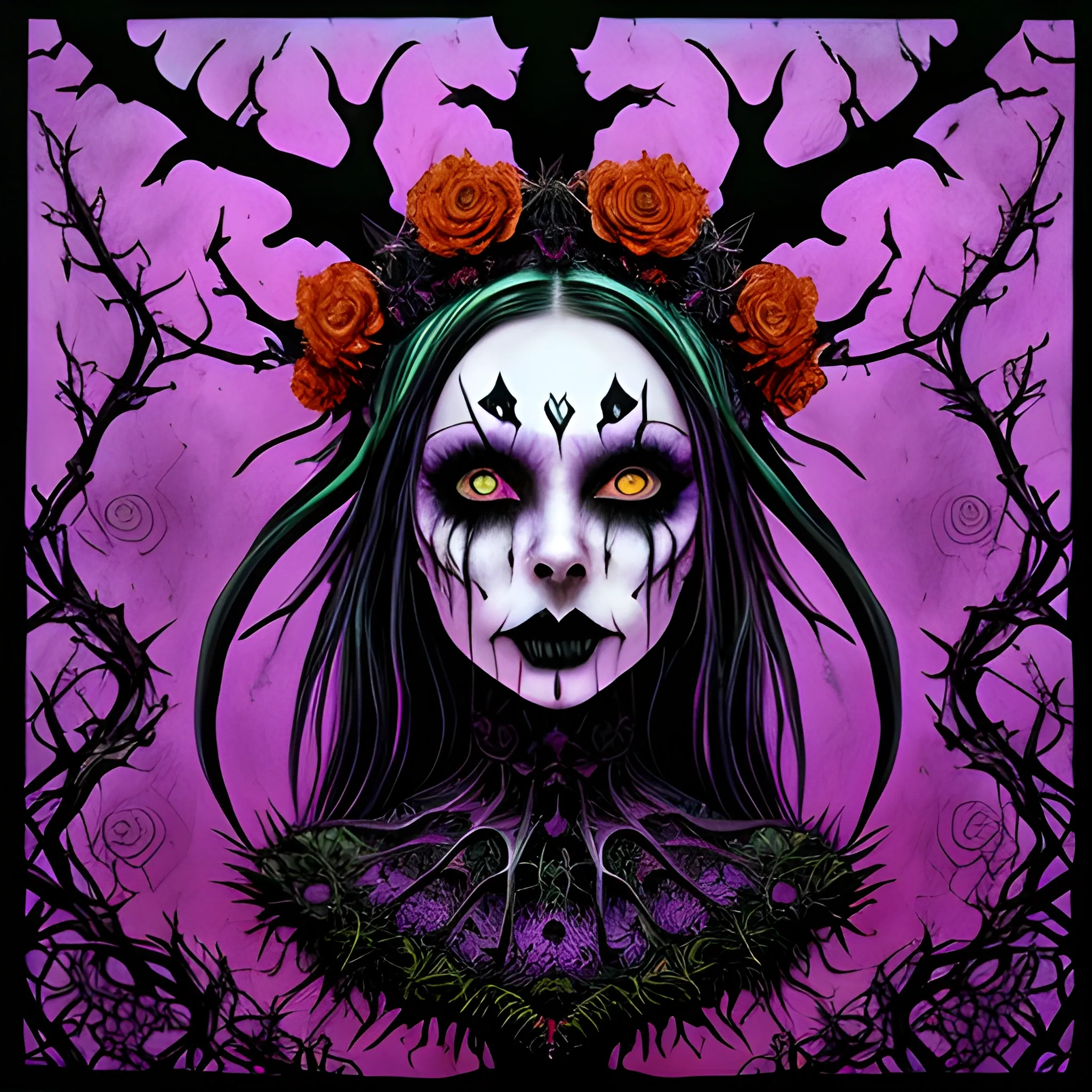 stunningly beautiful symmetrically perfect women wearing a thorny crown of black roses and weeping black tears, Halloween, bats, pumpkins, full moon in a nebula sky, bold neon acrylic paint, extreme purple, extreme orange, extreme green, Halloween; graffiti, fantastical surrealist world, in the style of Stephen Gammell, extremely detailed Zentangle style, sick, gothic, eldritch, candles