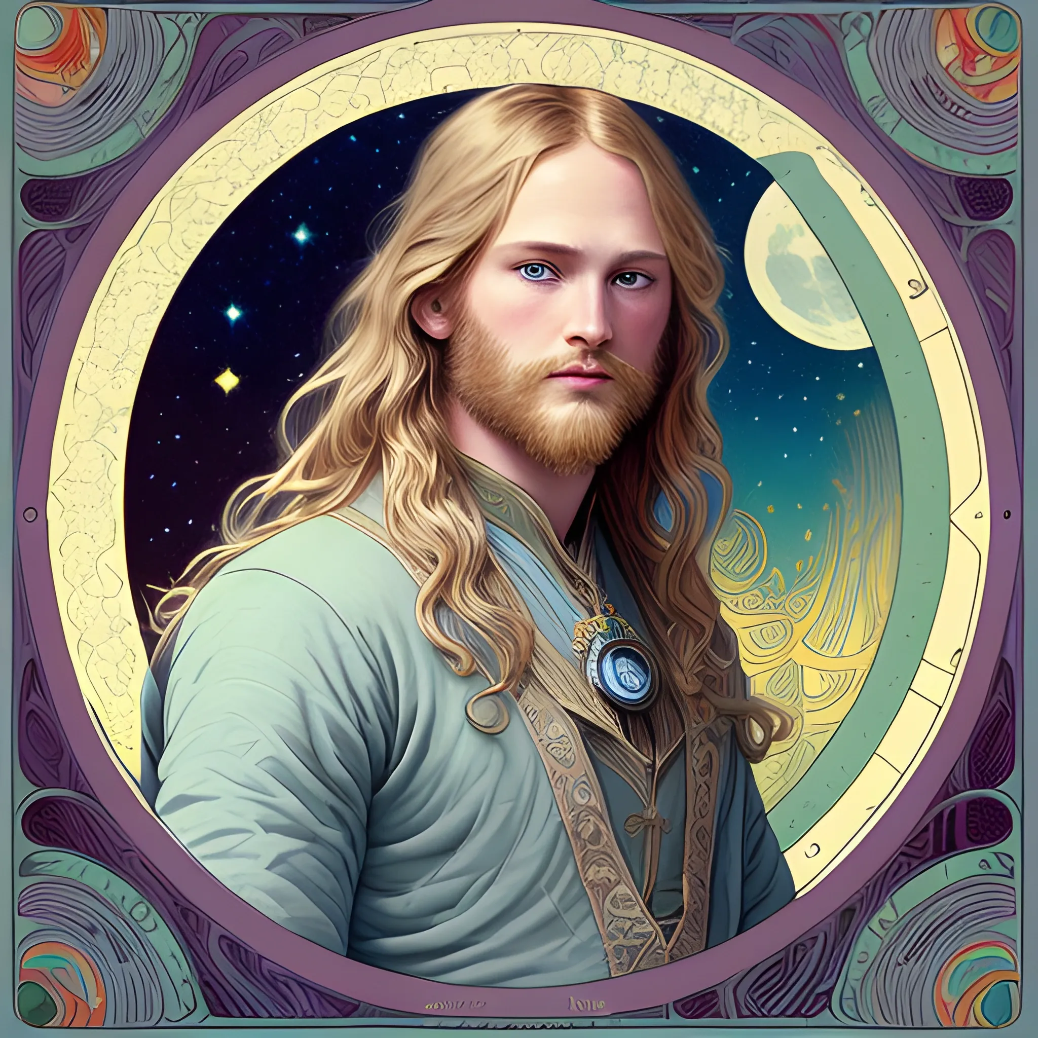 Wyatt Russell, his highly detailed, softly freckled handsome face, his clean, clear blue eyes, meticulously detailed, multi-hued, long blond hair; hippie, full moon in a nebula sky, clouds; fantasy, Vintage Art, 8k resolution art Nouveau poster; Alphonse Mucha, Artgerm, WLOP, Illustration intricately detailed, trending on Artstation, Renaissance, triadic colors, Chromolithography Soft Shading