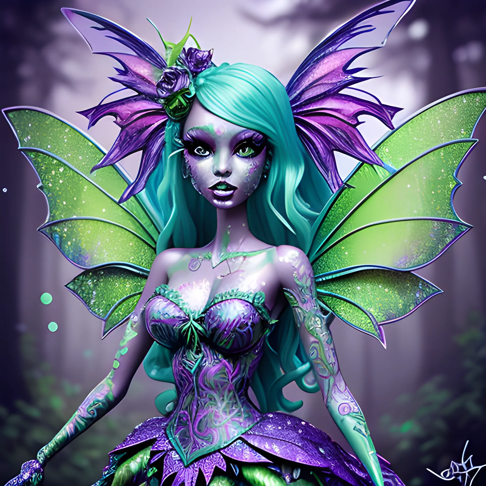  Mythical Fairy: monster High doll: vines: woman: fairy wings: forest: nature: blue and green: detailed: glitter, airbrush, luminous color sparkles; graffiti art, splash art, street art, spray paint, oil gouache melting, acrylic, high contrast, colorful polychromatic, ultra detailed, ultra quality, CGSociety, 3D