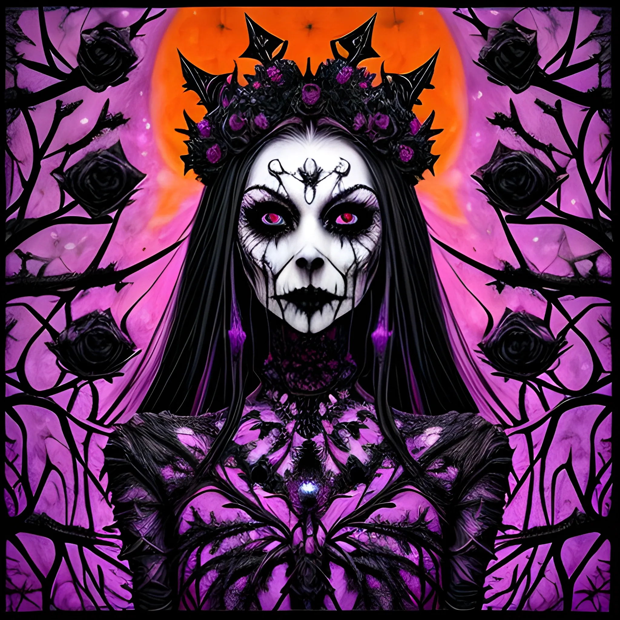 stunningly beautiful symmetrically perfect women wearing a thorny crown of black roses and weeping black tears, Halloween, bats, pumpkins, full moon in a nebula sky, bold neon acrylic paint, extreme purple, extreme orange, extreme green, Halloween; graffiti, fantastical surrealist world, in the style of Stephen Gammell, extremely detailed Zentangle style, sick, gothic, eldritch, candles