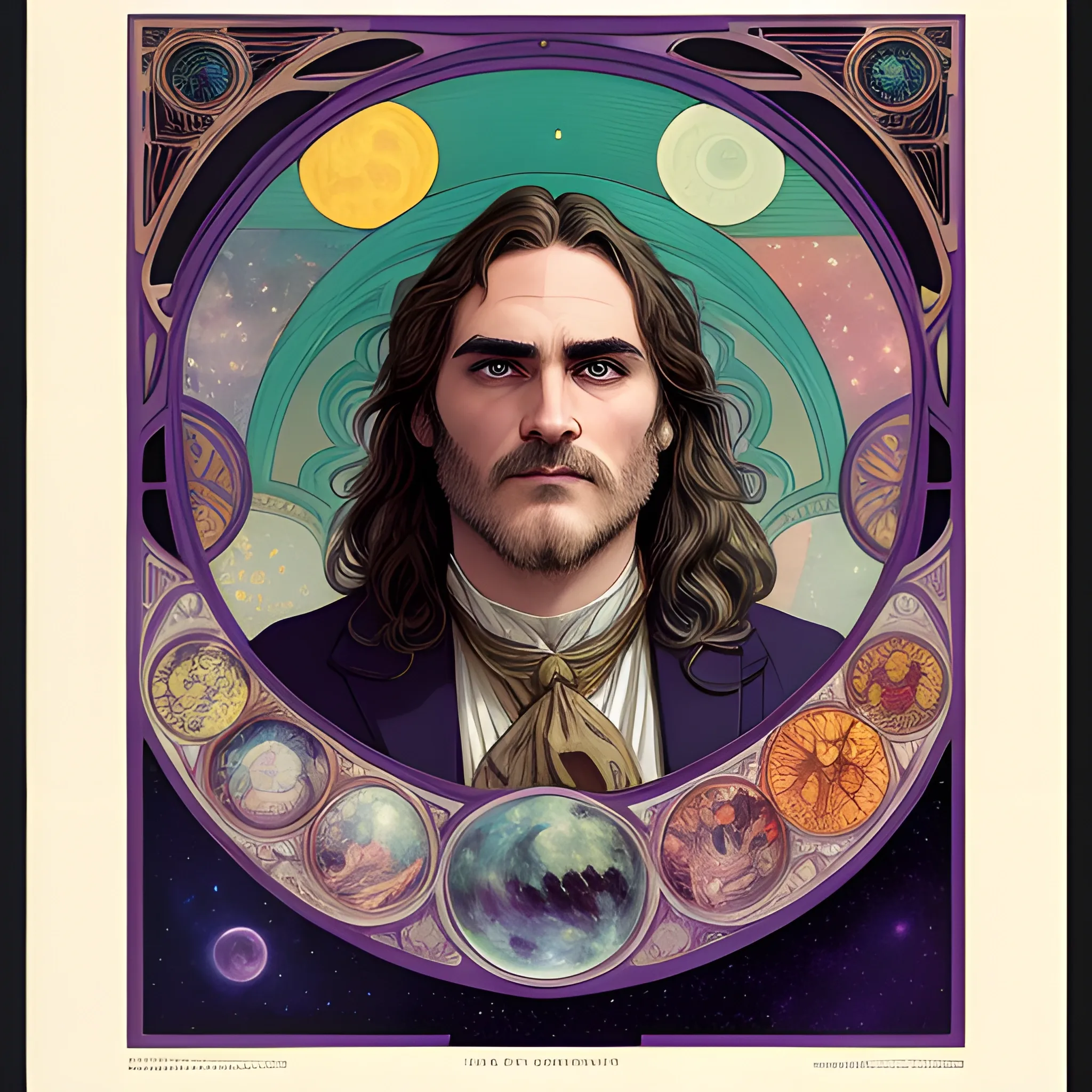 Joaquin Phoenix, his highly detailed, softly freckled handsome face, his clean, clear lavender-green eyes, meticulously detailed, multi-hued, long dark hair; hippie, full moon in a nebula sky, clouds; fantasy, Vintage Art, 8k resolution art Nouveau poster; Alphonse Mucha, Artgerm, WLOP, Illustration intricately detailed, trending on Artstation, Renaissance, triadic colors, Chromolithography Soft Shading