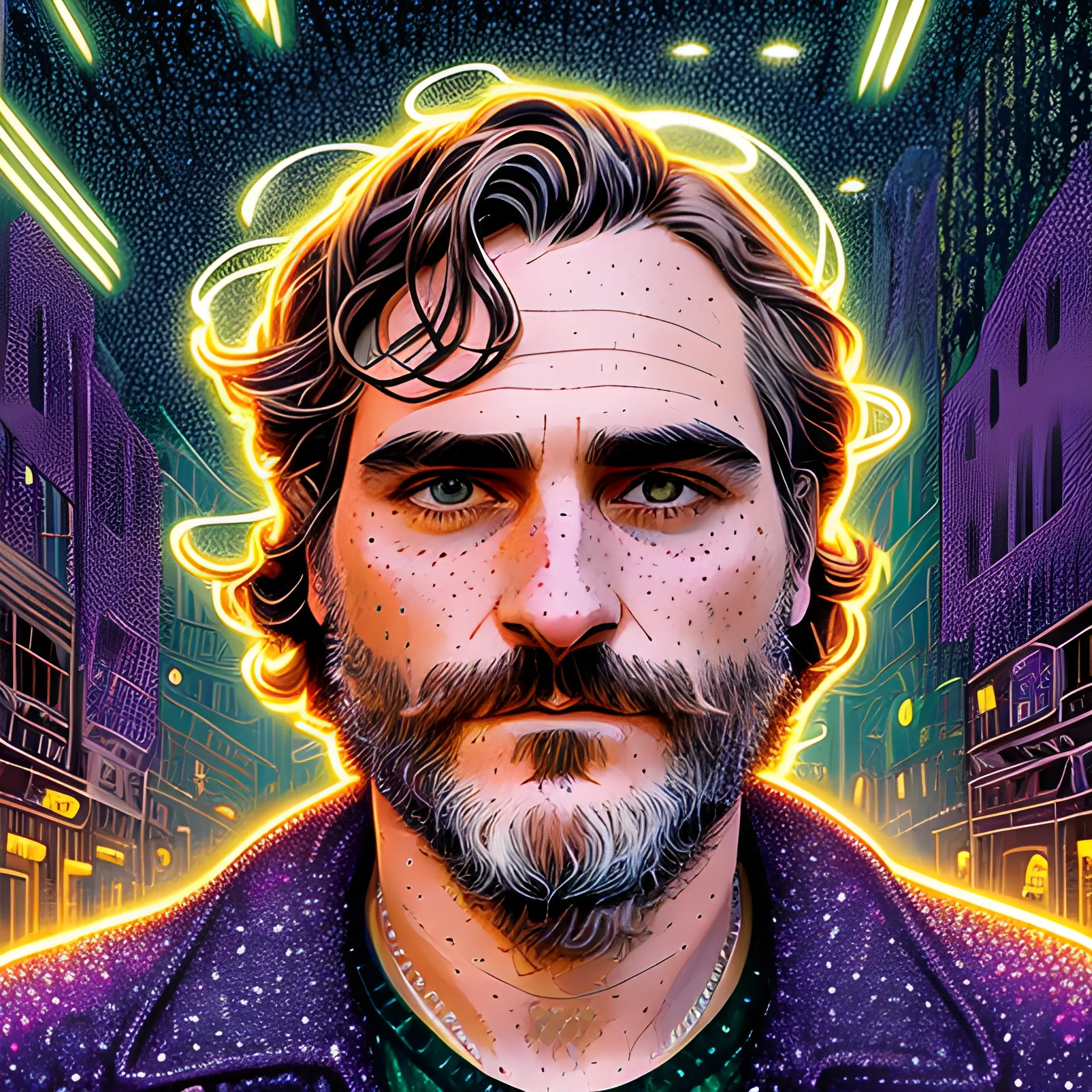 Joaquin Phoenix, his highly detailed, softly freckled handsome face, lavender-green eyes, meticulously detailed long dark hair; by James R. Eads, Fausto-Giurescu, Tania Rivilis, Dan Mumford; luminous colorful sparkles, glitter, airbrush, depth of field, volumetric lighting, downtown