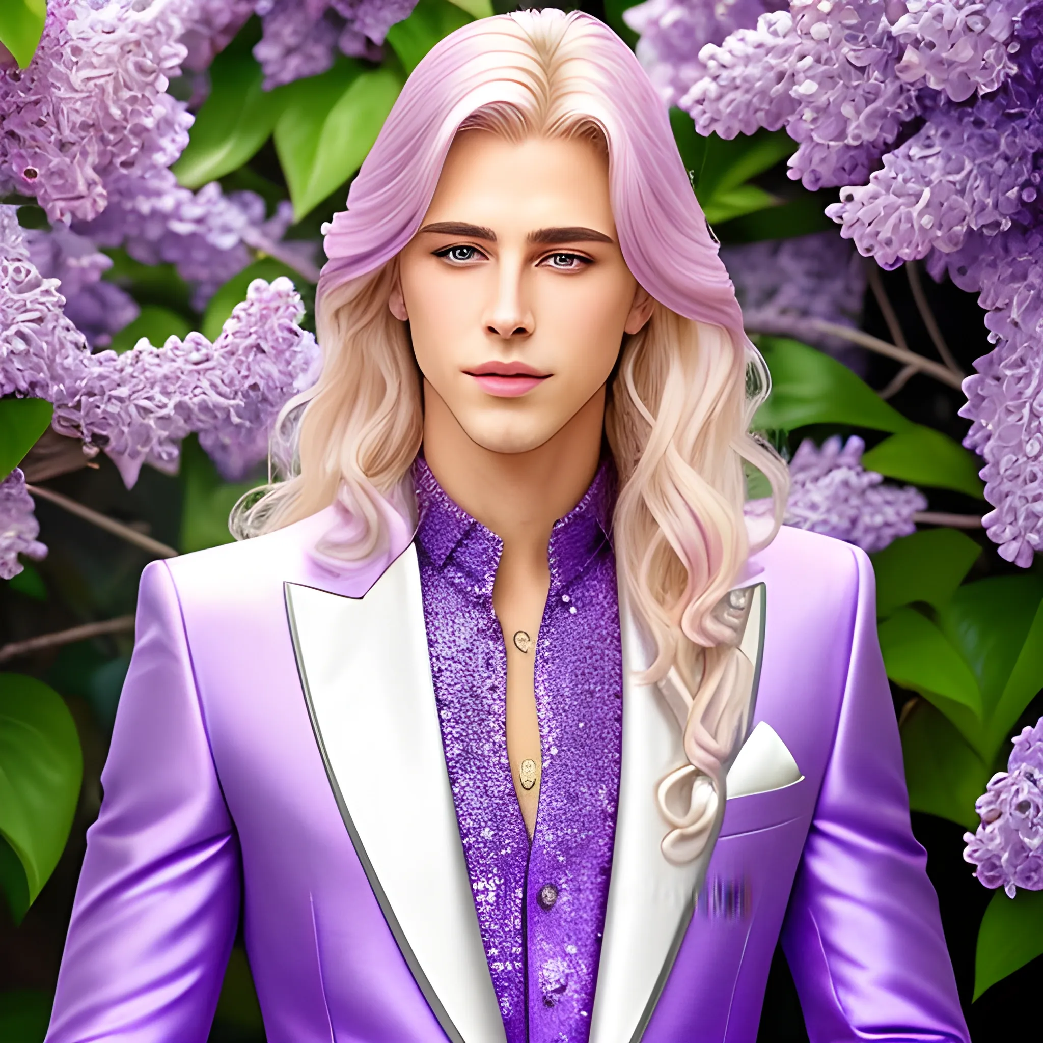 Lilac Prince, beautiful man wears a lavender sequined suit. he has long, sleek blond hair, and sits in front of lilac bushes. His features are symmetrical, handsome, and anatomically correct. he wears amethyst jewelry. Lips are soft, in a slight smile.