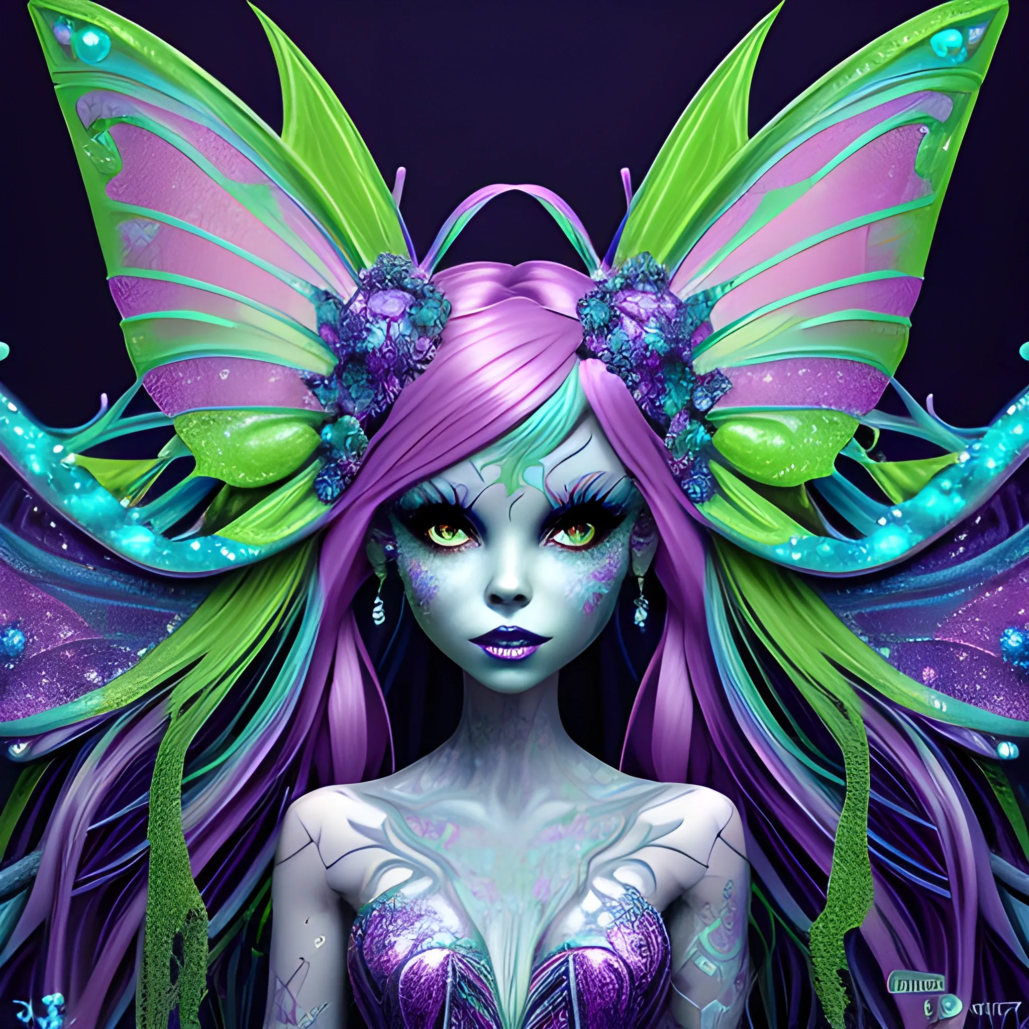  Mythical Fairy: monster High doll: vines: woman: fairy wings: forest: nature: blue and green: detailed: glitter, airbrush, luminous color sparkles; graffiti art, splash art, street art, spray paint, oil gouache melting, acrylic, high contrast, colorful polychromatic, ultra detailed, ultra quality, CGSociety, 3D
