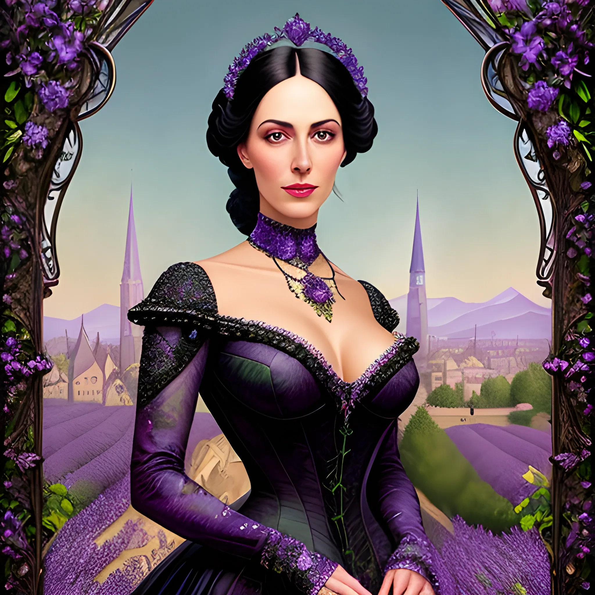 Lilac Princess, beautiful woman wears a lavender sequined dress. She has long, sleek black hair, and stands in front of lilac bushes. Her features are symmetrical, lovely, and anatomically correct. She wears amethyst jewelry. Lips are soft, in a slight smile; behind her a cityscape, and full smooth moon in a nebula sky, clouds; fantasy, Vintage Art, 16k resolution, intricately detailed, Renaissance, Chromolithography Soft Shading; ethereal fantasy, realistic oil painting. Victorian era, glitter, old fashioned, vintage, antique, renaissance, gothic, eldritch, highly intricate, sophisticated and complex digital painting, concept art, hyperrealism, Cinema 4D, 8k resolution, 64 megapixels, CGSociety, ZBrushCentral, behance HD, hypermaximalist, parallax
