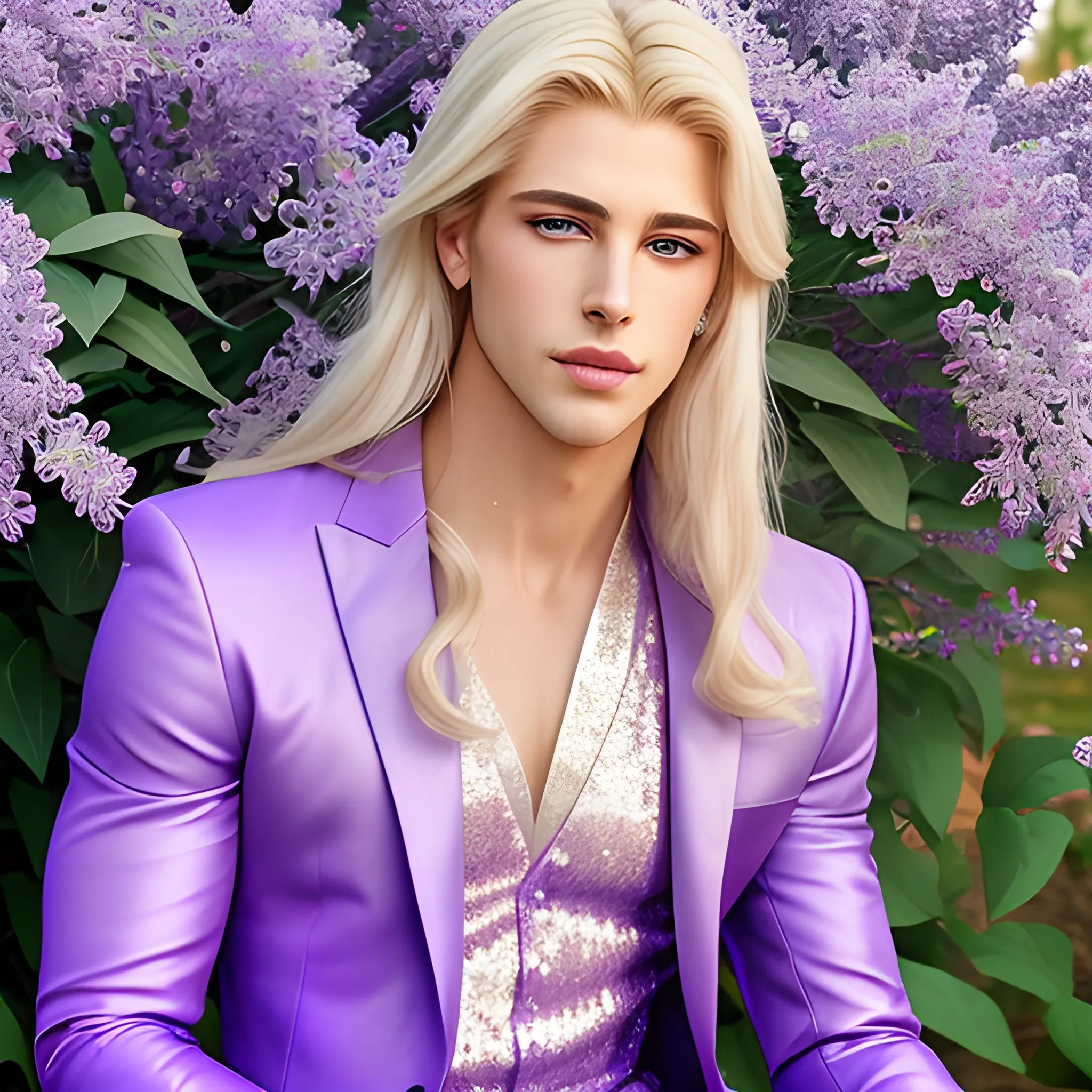 Lilac Prince, beautiful man wears a lavender sequined suit. he has long, sleek blond hair, and sits in front of lilac bushes. His features are symmetrical, handsome, and anatomically correct. he wears amethyst jewelry. Lips are soft, in a slight smile.