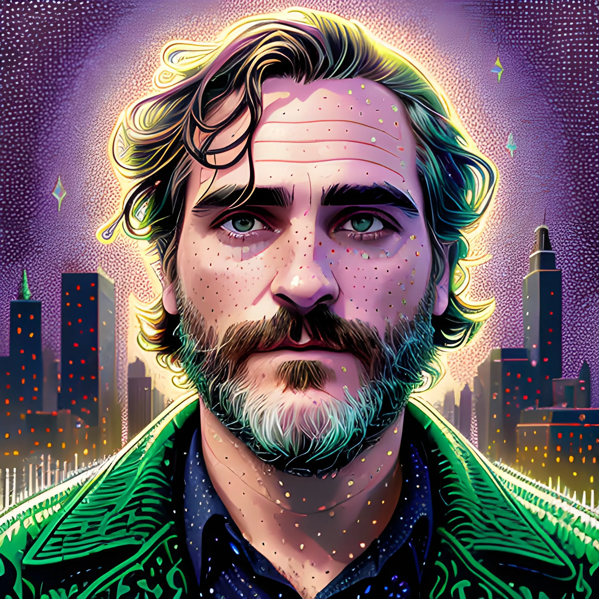 Joaquin Phoenix, his highly detailed, softly freckled handsome face, lavender-green eyes, meticulously detailed long dark hair; by James R. Eads, Fausto-Giurescu, Tania Rivilis, Dan Mumford; luminous colorful sparkles, glitter, airbrush, depth of field, volumetric lighting, downtown