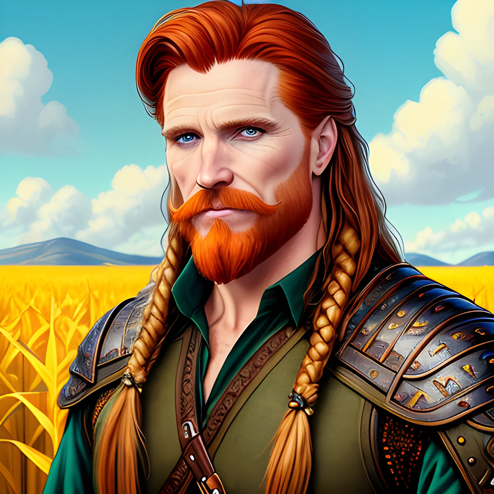 young man Malachai of the Corn, Courtney Gains, his highly detailed, softly freckled handsome face, his clean, clear eyes, meticulously detailed, multi-hued, long red hair; hippie, pirate, Viking, the man gazes to the cornfield; yellow, blue, green, across a misty pastel-colored cornfield, corn, corn on the cob, clouds; fantasy, 16k resolution poster; Artgerm, WLOP, Illustration intricately detailed, trending on Artstation, Chromolithography Soft Shading, male, man, corn