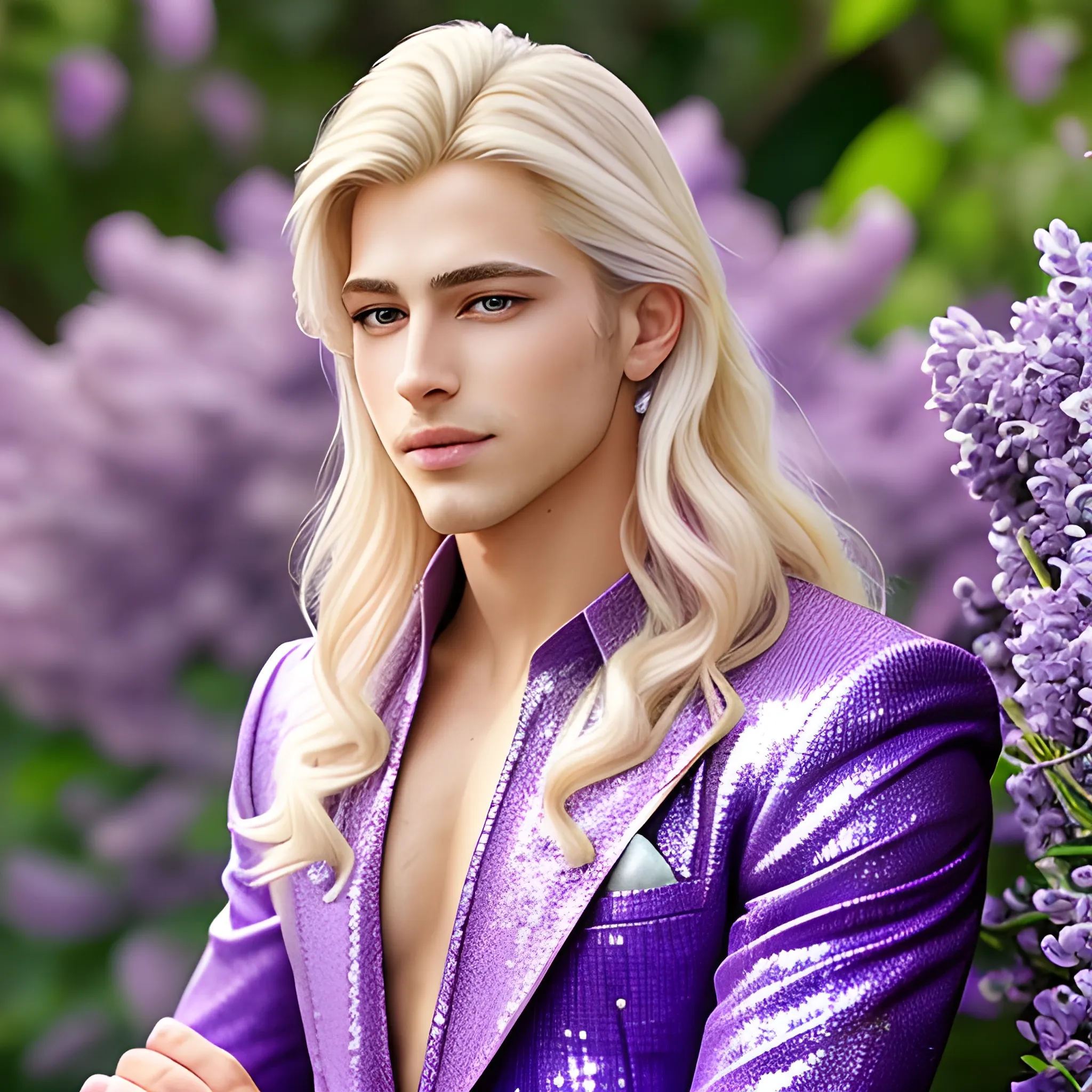 Lilac Prince, beautiful man wears a lavender sequined suit. he has long, sleek blond hair, and sits in front of lilac bushes. His features are symmetrical, handsome, and anatomically correct. he wears amethyst jewelry. Lips are soft, in a slight smile.