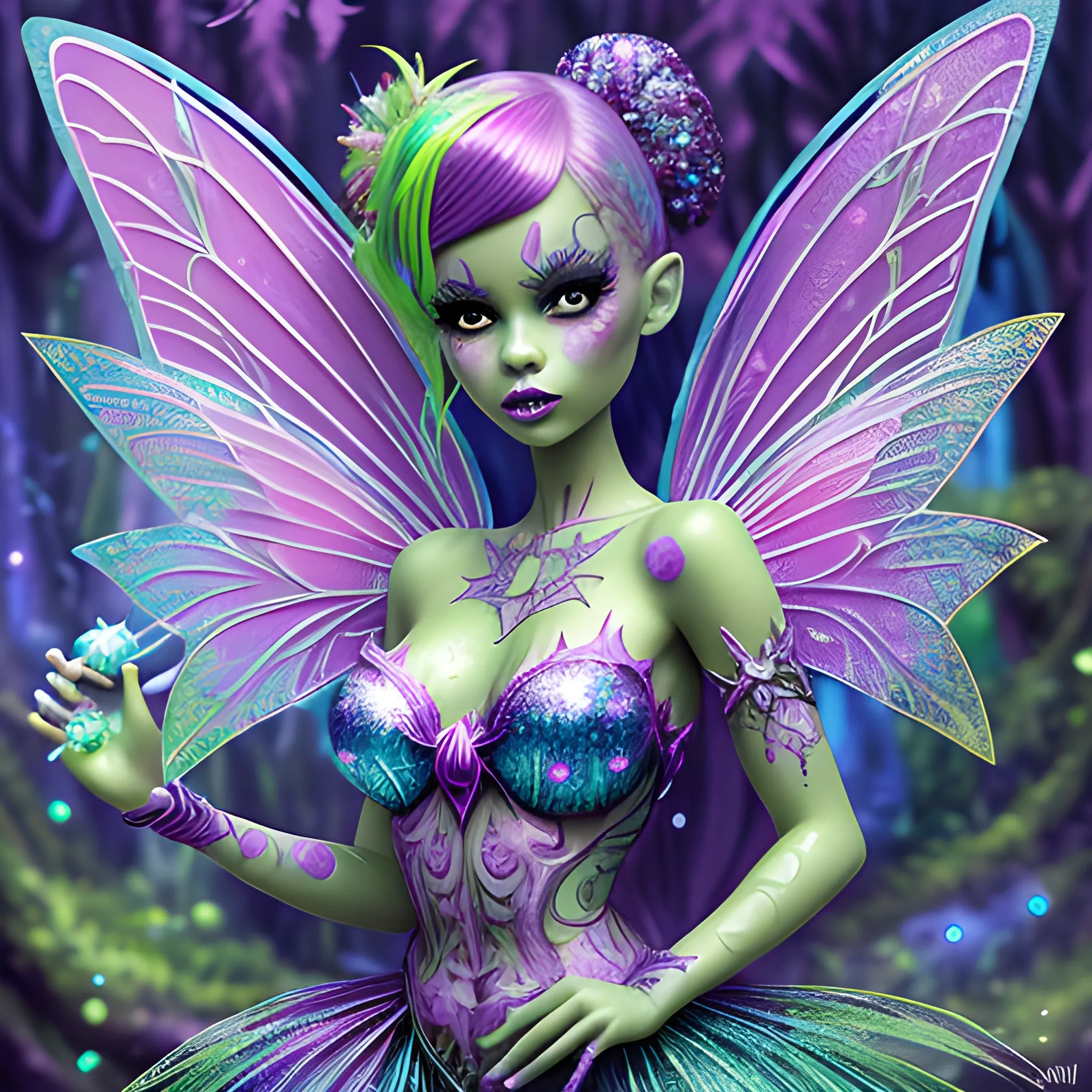  Mythical Fairy: monster High doll: vines: woman: fairy wings: forest: nature: blue and green: detailed: glitter, airbrush, luminous color sparkles; graffiti art, splash art, street art, spray paint, oil gouache melting, acrylic, high contrast, colorful polychromatic, ultra detailed, ultra quality, CGSociety, 3D