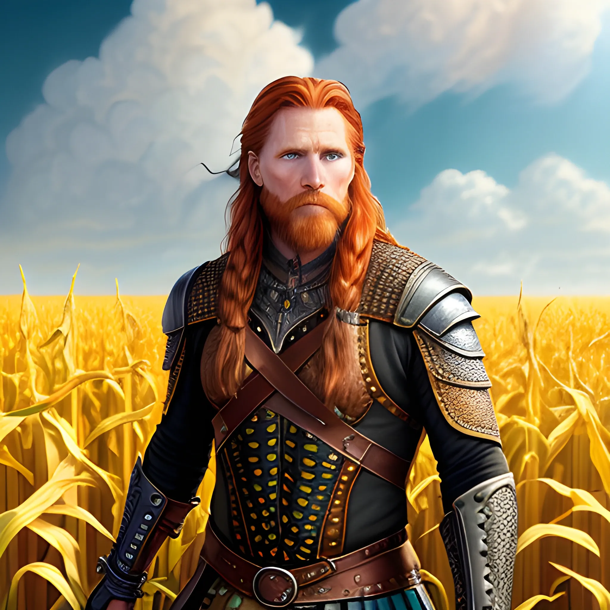 young man Malachai of the Corn, Courtney Gains, his highly detailed, softly freckled handsome face, his clean, clear eyes, meticulously detailed, multi-hued, long red hair; hippie, pirate, Viking, the man gazes to the cornfield; yellow, blue, green, across a misty pastel-colored cornfield, corn, corn on the cob, clouds; fantasy, 16k resolution poster; Artgerm, WLOP, Illustration intricately detailed, trending on Artstation, Chromolithography Soft Shading, male, man, corn, 3D