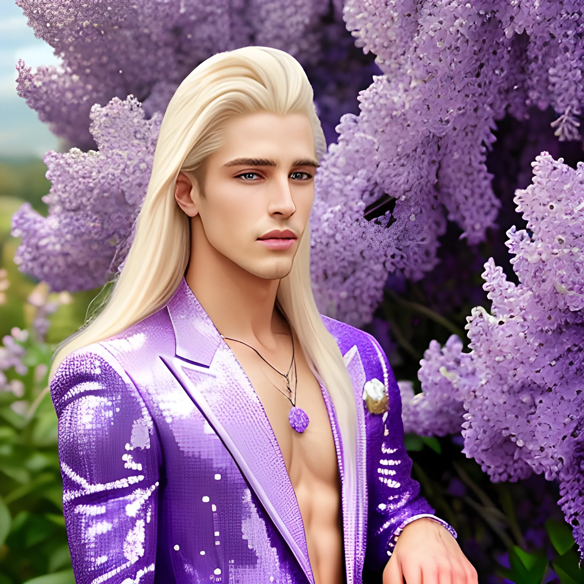 Lilac Prince, beautiful man wears a lavender sequined suit. he has long, sleek blond hair, and sits in front of lilac bushes. His features are symmetrical, handsome, and anatomically correct. he wears amethyst jewelry. Lips are soft, in a slight smile.