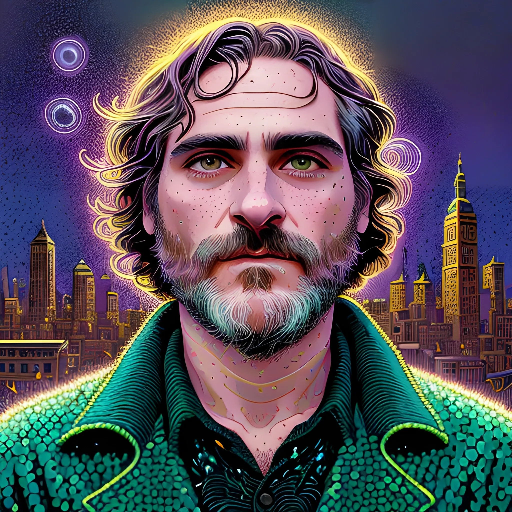 Joaquin Phoenix, his highly detailed, softly freckled handsome face, lavender-green eyes, meticulously detailed long dark hair; by James R. Eads, Fausto-Giurescu, Tania Rivilis, Dan Mumford; luminous colorful sparkles, glitter, airbrush, depth of field, volumetric lighting, downtown