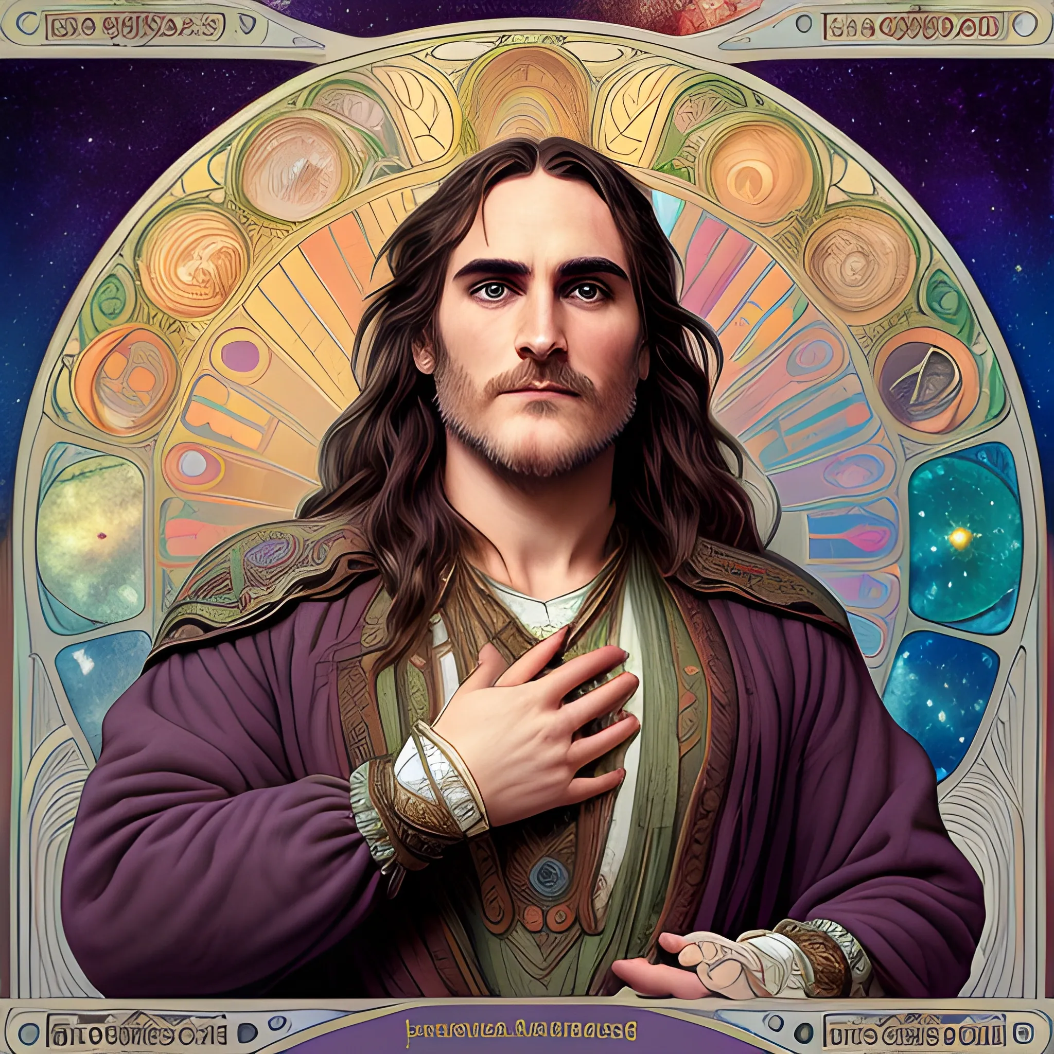 Joaquin Phoenix, his highly detailed, softly freckled handsome face, his clean, clear lavender-green eyes, meticulously detailed, multi-hued, long dark hair; hippie, fullmoon in a nebula sky, clouds; fantasy, Vintage Art, 8k resolution art Nouveau poster; Alphonse Mucha, Artgerm, WLOP, Illustration intricately detailed, trending on Artstation, Renaissance, triadic colors, Chromolithography Soft Shading
