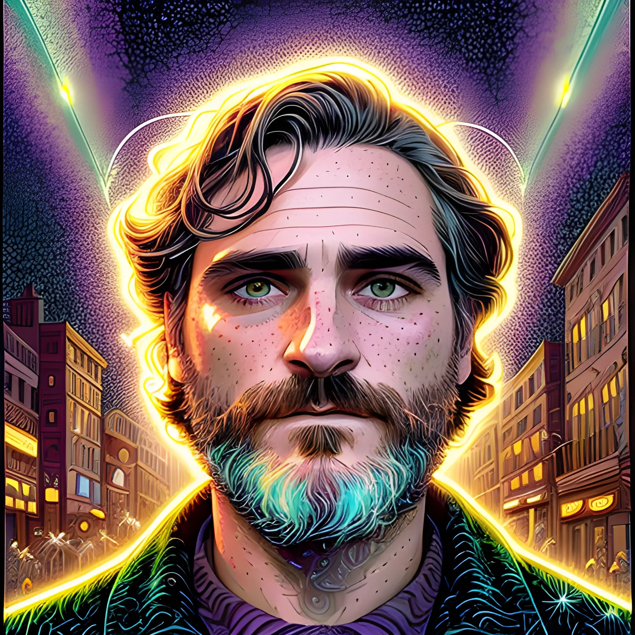 Joaquin Phoenix, his highly detailed, softly freckled handsome face, lavender-green eyes, meticulously detailed long dark hair; by James R. Eads, Fausto-Giurescu, Tania Rivilis, Dan Mumford; luminous colorful sparkles, glitter, airbrush, depth of field, volumetric lighting, downtown