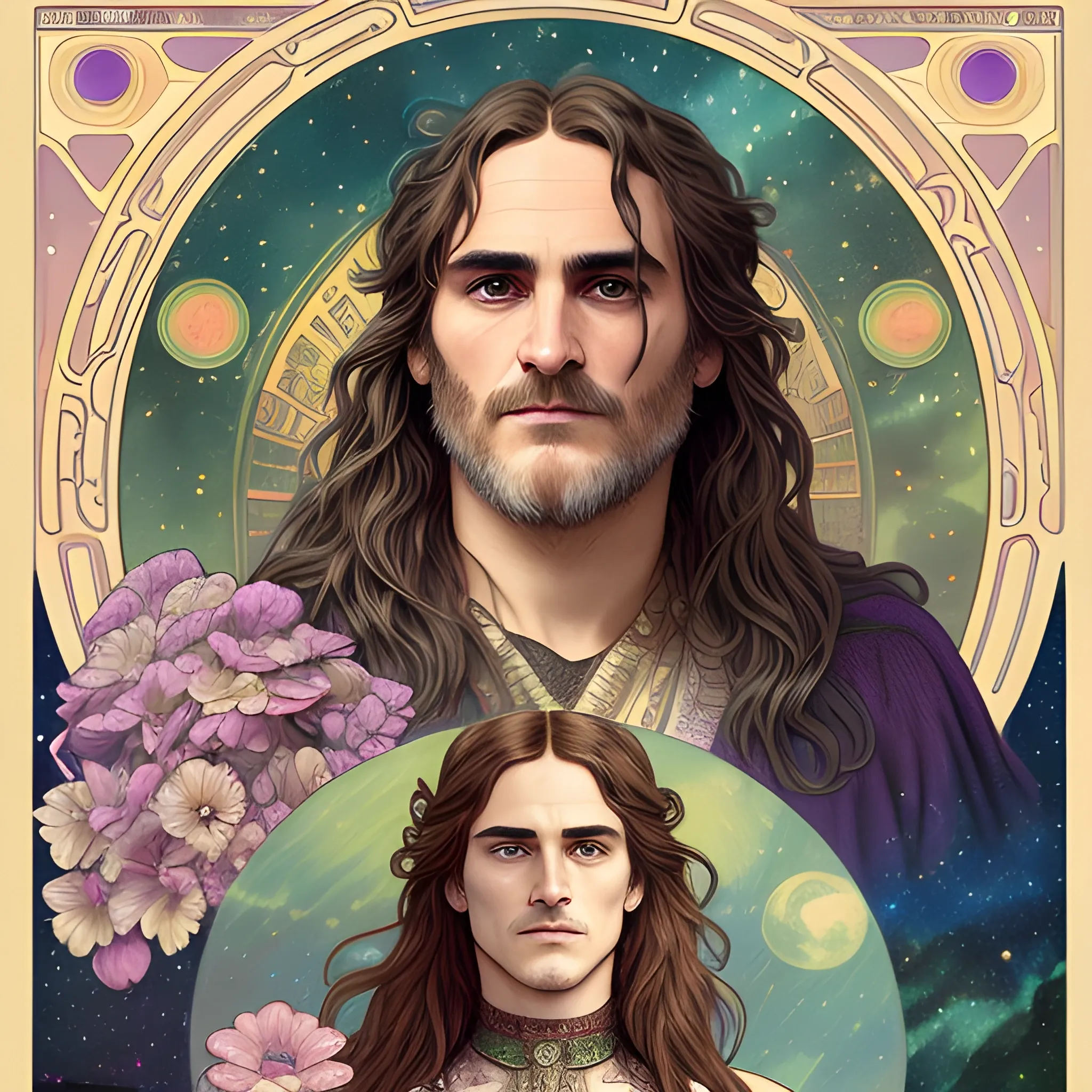 Joaquin Phoenix, his highly detailed, softly freckled handsome face, his clean, clear lavender-green eyes, meticulously detailed, multi-hued, long dark hair; hippie, fullmoon in a nebula sky, clouds; fantasy, Vintage Art, 8k resolution art Nouveau poster; Alphonse Mucha, Artgerm, WLOP, Illustration intricately detailed, trending on Artstation, Renaissance, triadic colors, Chromolithography Soft Shading