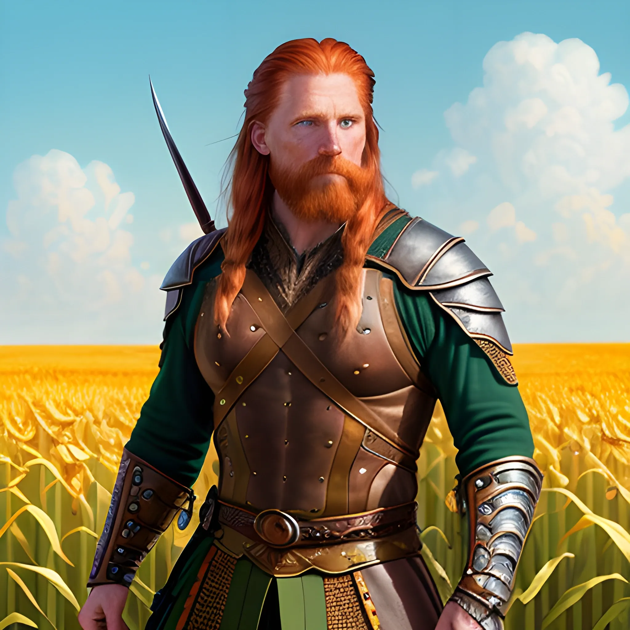 young man Malachai of the Corn, Courtney Gains, his highly detailed, softly freckled handsome face, his clean, clear eyes, meticulously detailed, multi-hued, long red hair; hippie, pirate, Viking, the man gazes to the cornfield; yellow, blue, green, across a misty pastel-colored cornfield, corn, corn on the cob, clouds; fantasy, 16k resolution poster; Artgerm, WLOP, Illustration intricately detailed, trending on Artstation, Chromolithography Soft Shading, male, man, corn, 3D