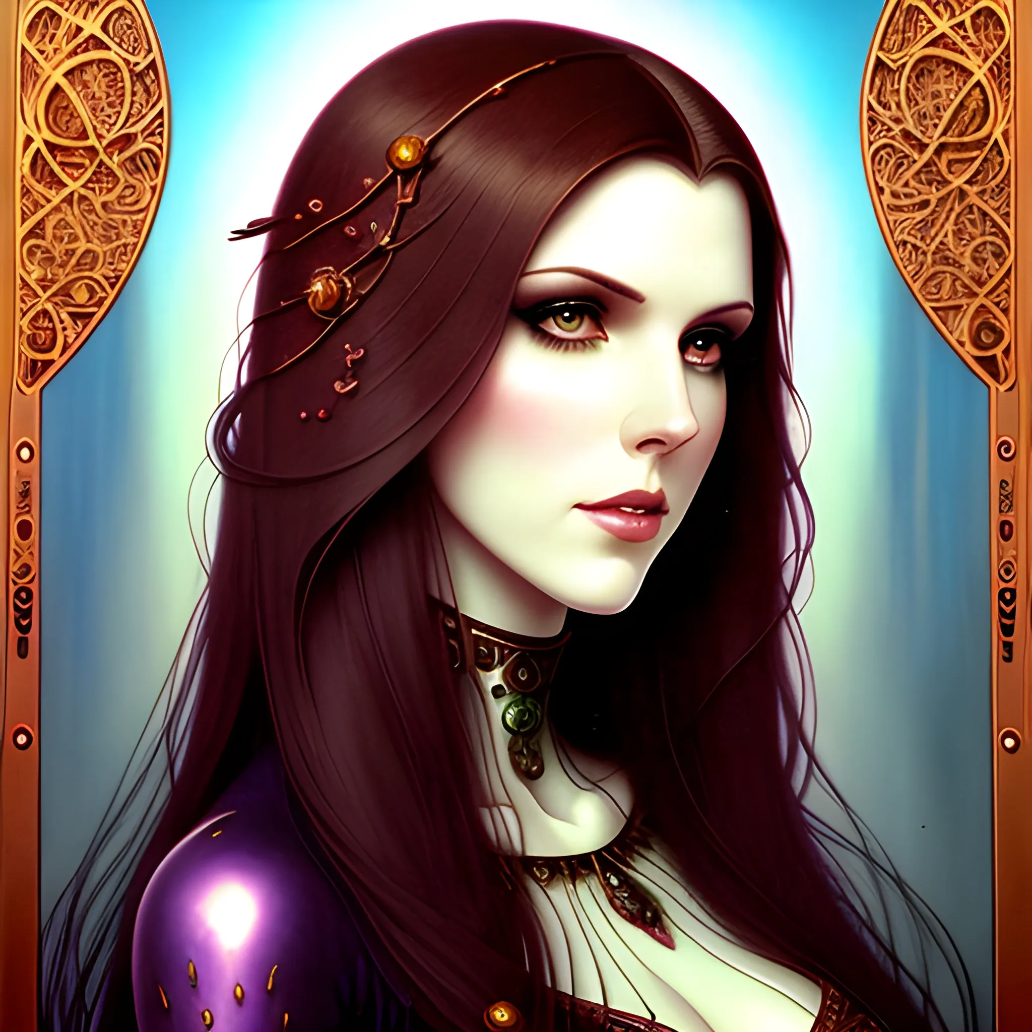 young Anna Kendrick, her highly detailed beautiful face, meticulously detailed multi-hued long straight dark hair, burgundy, berry wine and black, eldritch, macabre, by Stephen Gammell, Zdzislaw Beksinski; luminous color sparkles, Vintage Art, 8k resolution, art Nouveau poster; Alphonse Mucha, Artgerm, WLOP, Lisa Frank, James R. Eads, Illustration intricately detailed, Artstation, Chromolithography Soft Shading