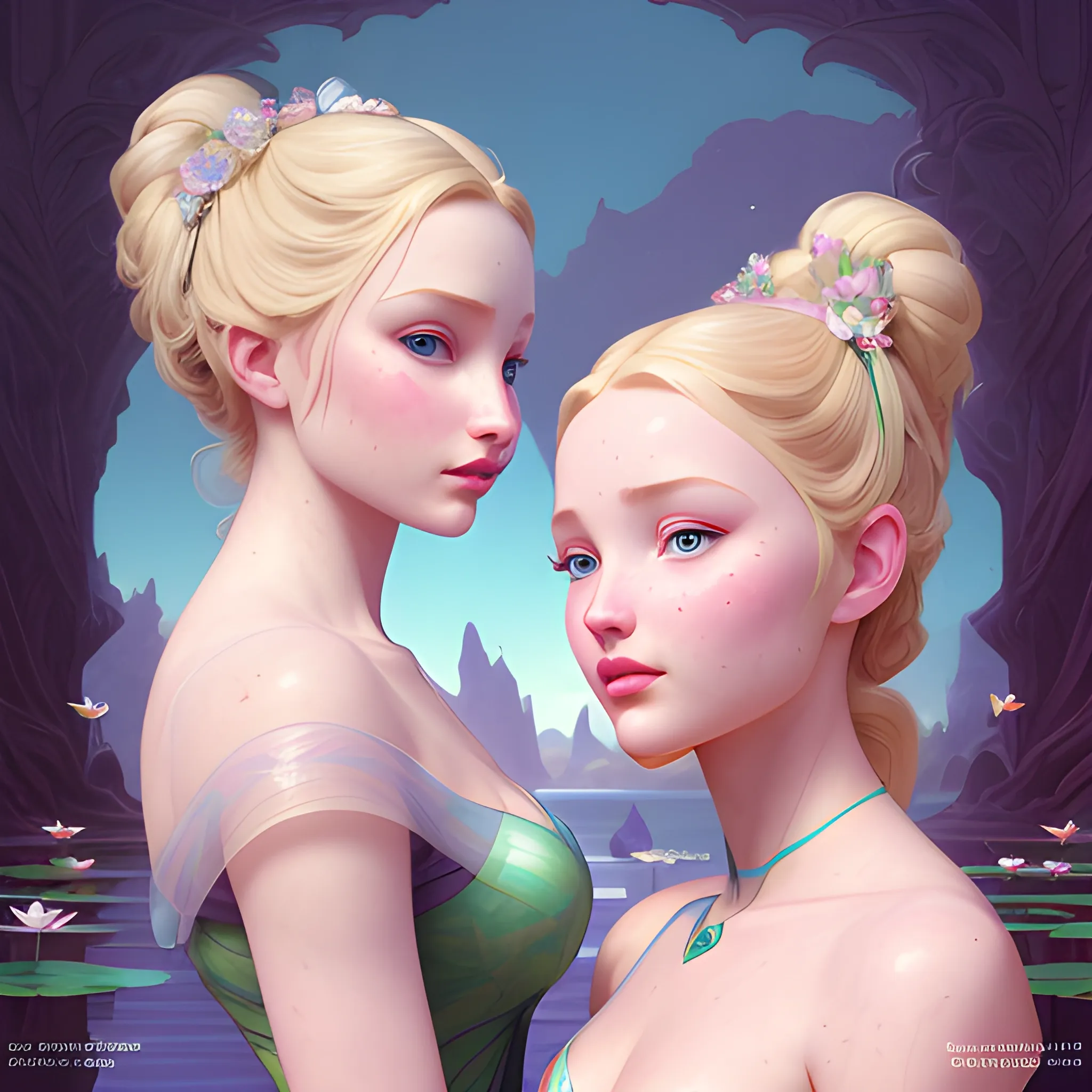 Elsa Hosk / Dove Cameron face morph; beautiful twins at a lotus pond; highly detailed beautiful faces; glitter, renaissance; high contrast, pastel, sorbet, pearlescent, Unreal Engine 5; by Dan Parent, Alphonse Mucha, Artgerm, WLOP, intricately detailed, fantasy, bizarre, beautiful, Chromolithography, Soft Shading, Unreal Engine; digital painting, smooth, sharp focus, illustration, art by lisa frank, Steve Goad, Frank Frazetta, William-Adolphe Bouguereau, Unreal Engine 5, Cartoon, 3D, Oil Painting