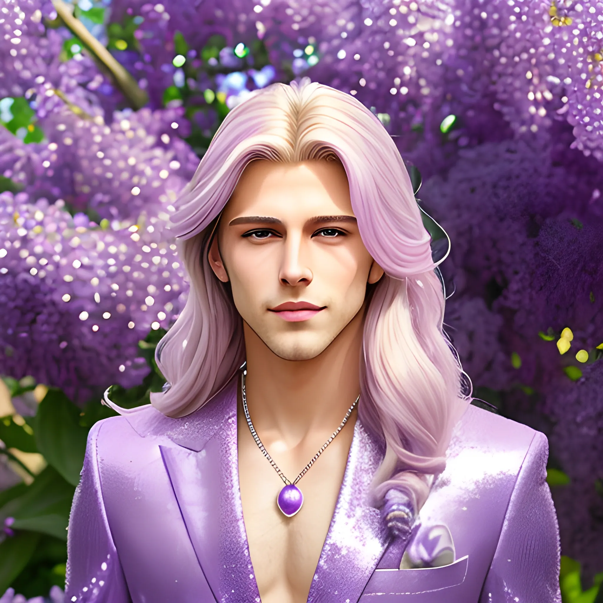 Lilac Prince, beautiful man wears a lavender sequined suit. he has long, sleek blond hair, and sits in front of lilac bushes. His features are symmetrical, handsome, and anatomically correct. he wears amethyst jewelry. Lips are soft, in a slight smile.