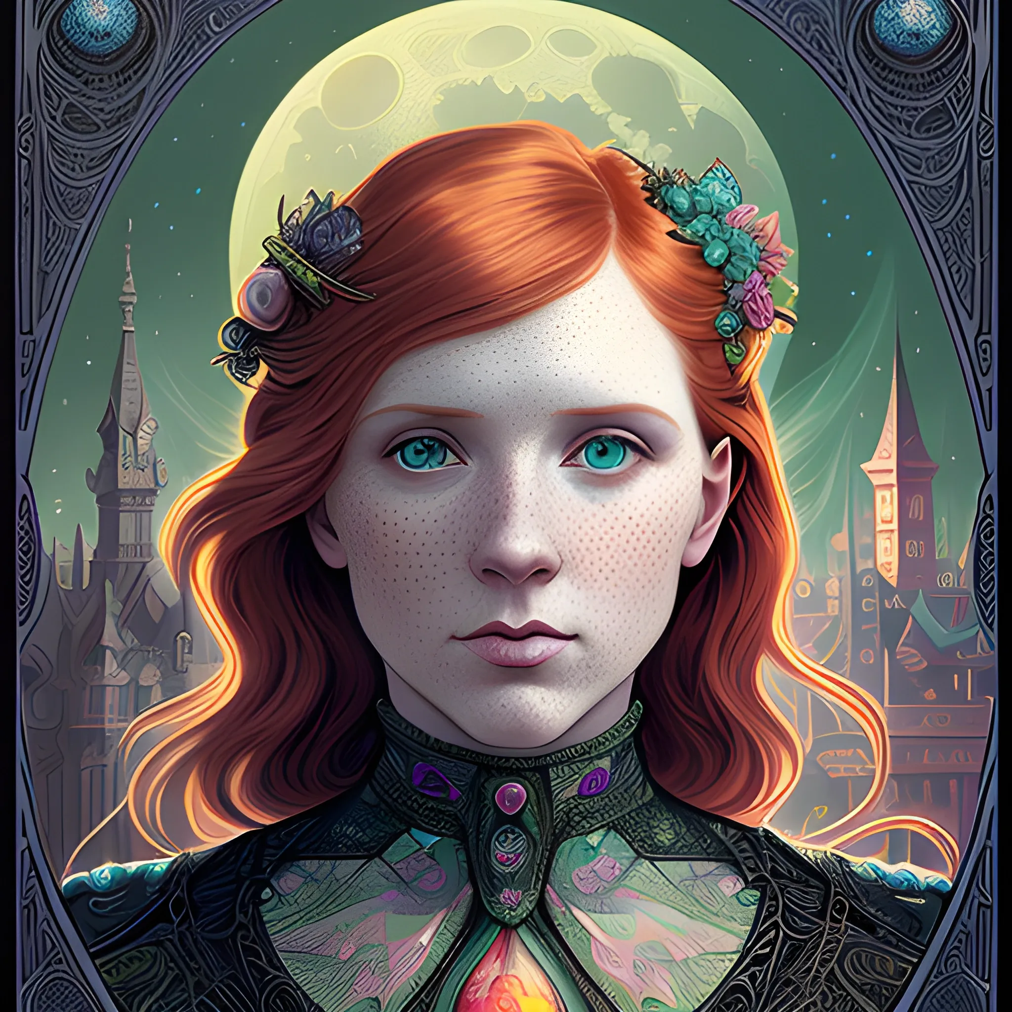 finely detailed eyes, male actor Courtney Gains, his hyperdetailed, softly freckled face, his clean, clear, detailed green eyes, meticulously detailed, multi-hued, long red hair; cityscape, full moon in a nebula sky, clouds; fantasy, Vintage Art, 16k resolution art Nouveau poster; Alphonse Mucha, WLOP, Illustration intricately detailed, Renaissance, Chromolithography Soft Shading; ethereal fantasy maximalist matte painting. Catherine Abel, and James R. Eads, realistic oil painting. Victorian era, glitter, old fashioned, vintage, antique, renaissance, gothic, eldritch, highly intricate, sophisticated and complex digital painting, concept art, hyperrealism, Cinema 4D, 8k resolution, 64 megapixels, CGSociety, ZBrushCentral, behance HD, hypermaximalist