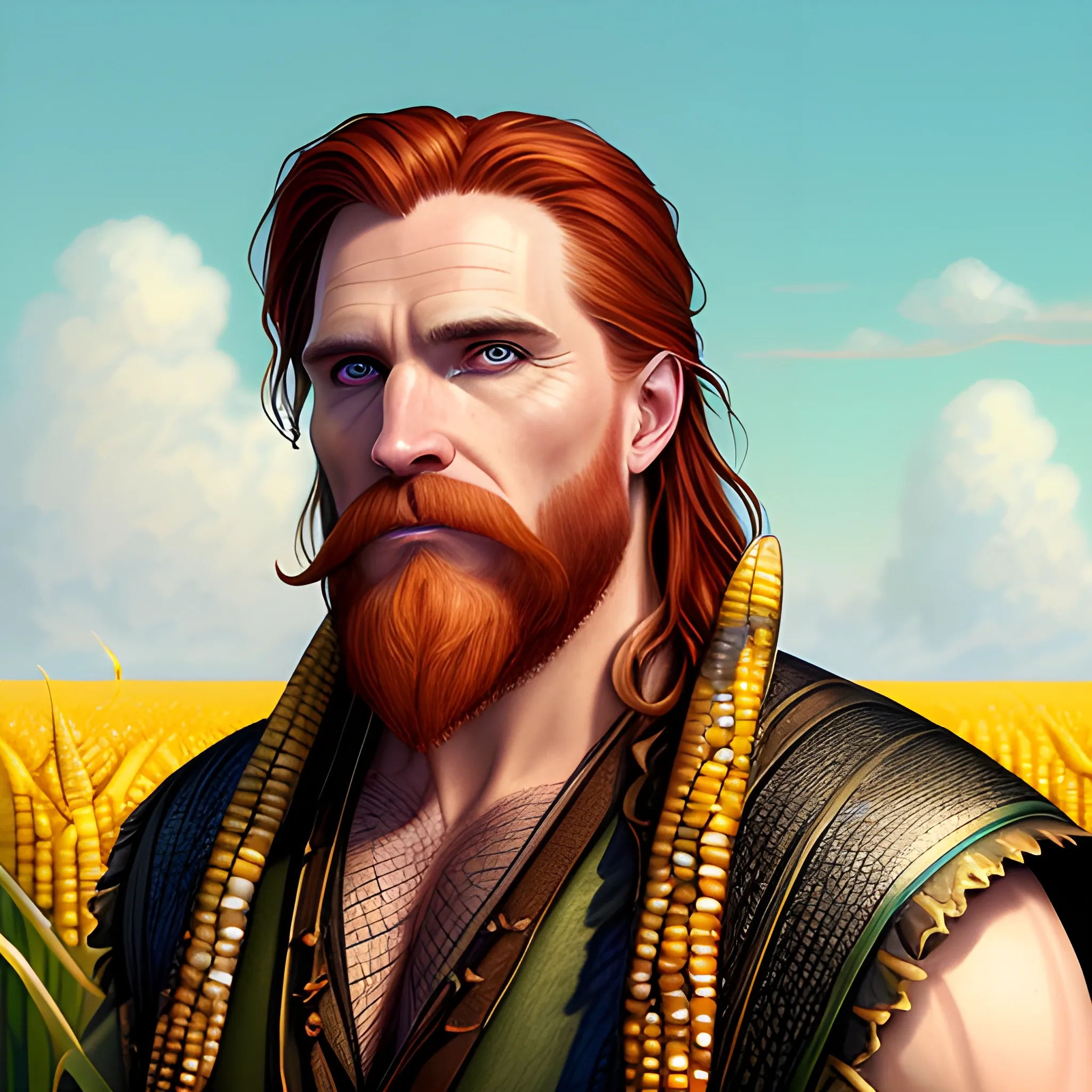 young man Malachai of the Corn, Courtney Gains, his highly detailed, softly freckled handsome face, his clean, clear eyes, meticulously detailed, multi-hued, long red hair; hippie, pirate, Viking, the man gazes to the cornfield; yellow, blue, green, across a misty pastel-colored cornfield, corn, corn on the cob, clouds; fantasy, 16k resolution poster; Artgerm, WLOP, Illustration intricately detailed, trending on Artstation, Chromolithography Soft Shading, male, man, corn, 3D