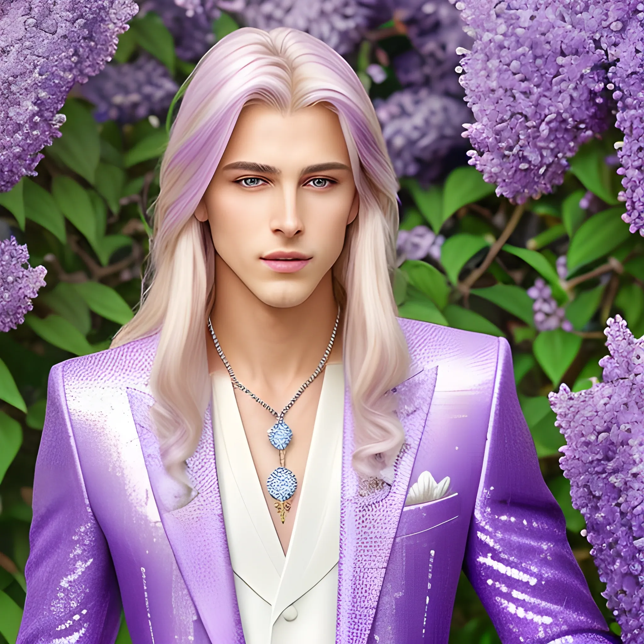 Lilac Prince, beautiful man wears a lavender sequined suit. he has long, sleek blond hair, and sits in front of lilac bushes. His features are symmetrical, handsome, and anatomically correct. he wears amethyst jewelry. Lips are soft, in a slight smile.
