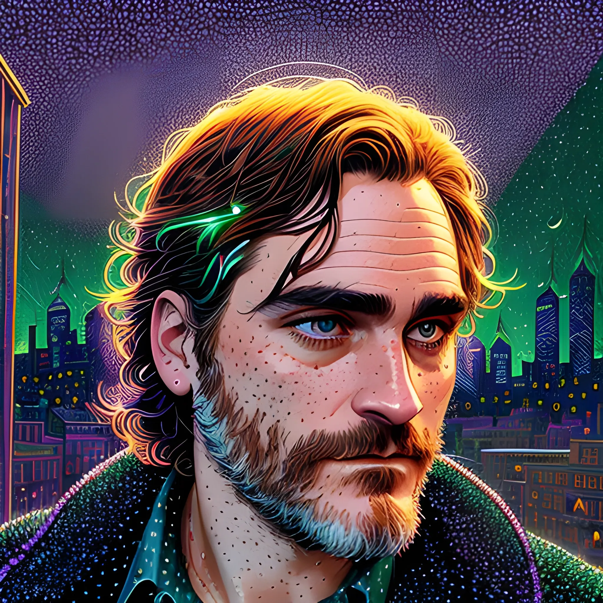 Joaquin Phoenix, his highly detailed, softly freckled handsome face, lavender-green eyes, meticulously detailed long dark hair; by James R. Eads, Fausto-Giurescu, Tania Rivilis, Dan Mumford; luminous colorful sparkles, glitter, airbrush, depth of field, volumetric lighting, downtown