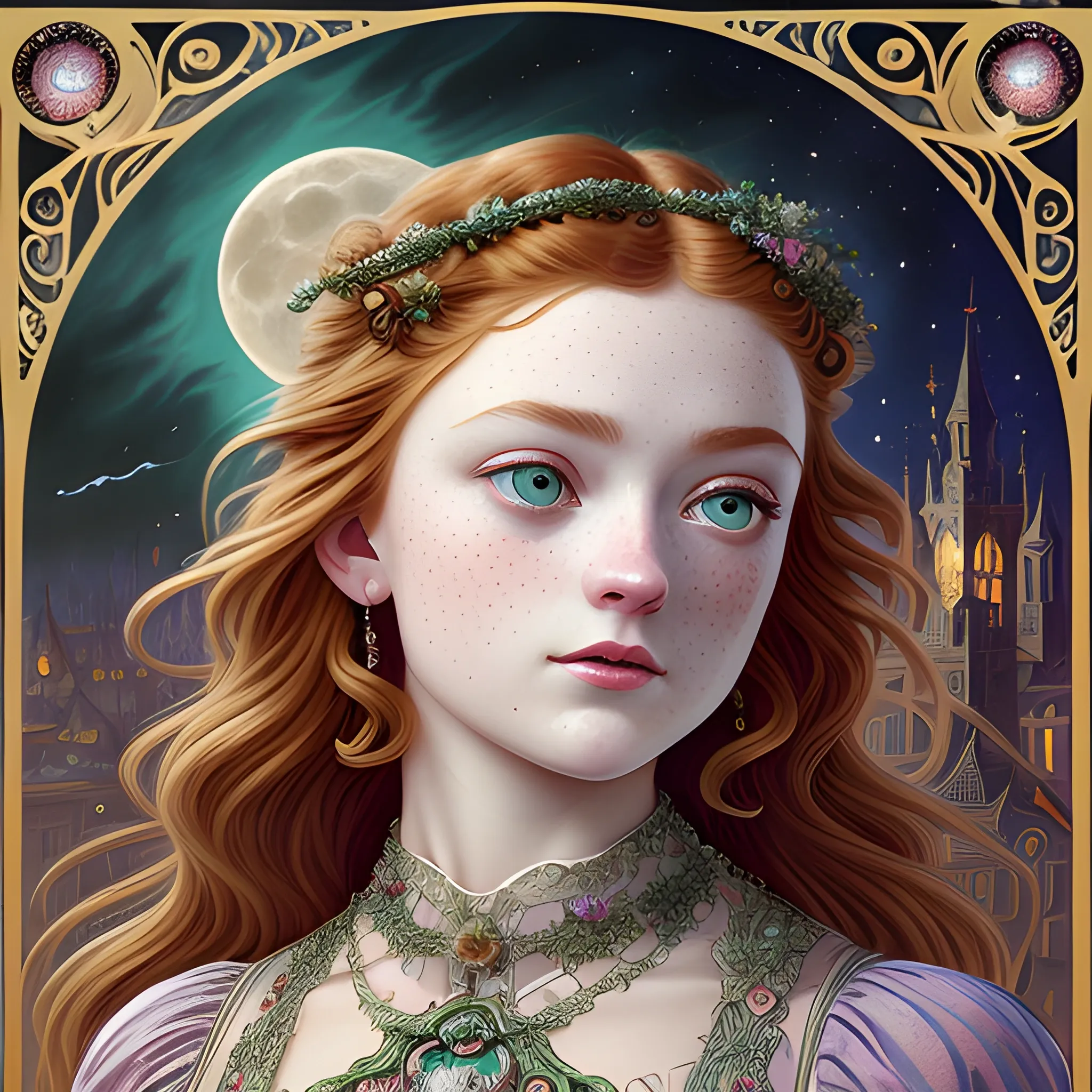 finely detailed eyes, Sadie Sink, her hyperdetailed, softly freckled face, her clean, clear, detailed green eyes, meticulously detailed, multi-hued, long red hair; cityscape, full moon in a nebula sky, clouds; fantasy, Vintage Art, 16k resolution art Nouveau poster; Alphonse Mucha, WLOP, Illustration intricately detailed, Renaissance, Chromolithography Soft Shading; ethereal fantasy maximalist matte painting. Catherine Abel, and James R. Eads, realistic oil painting. Victorian era, glitter, old fashioned, vintage, antique, renaissance, gothic, eldritch, highly intricate, sophisticated and complex digital painting, concept art, hyperrealism, Cinema 4D, 8k resolution, 64 megapixels, CGSociety, ZBrushCentral, behance HD, hypermaximalist, 3D