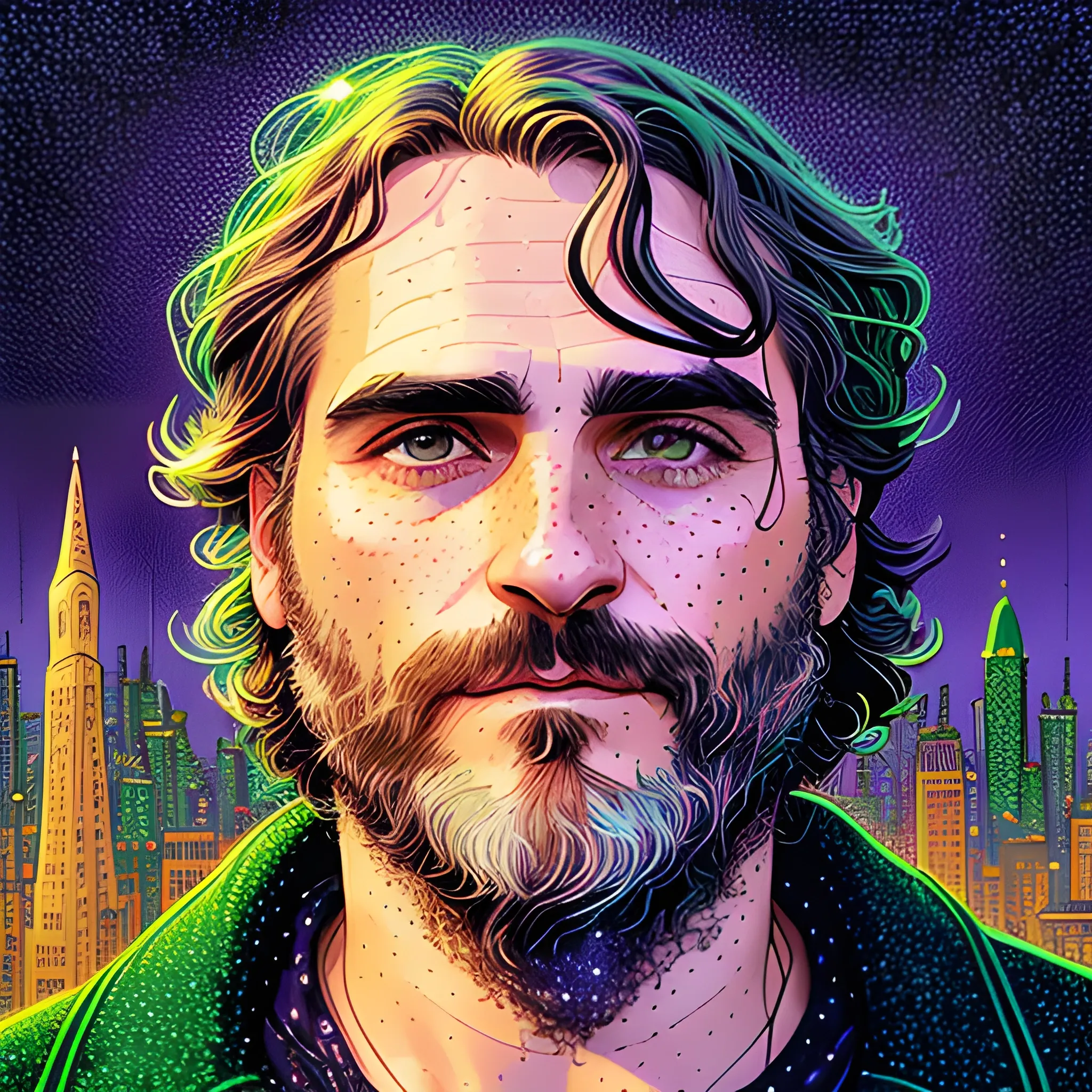 Joaquin Phoenix, his highly detailed, softly freckled handsome face, lavender-green eyes, meticulously detailed long dark hair; by James R. Eads, Fausto-Giurescu, Tania Rivilis, Dan Mumford; luminous colorful sparkles, glitter, airbrush, depth of field, volumetric lighting, downtown