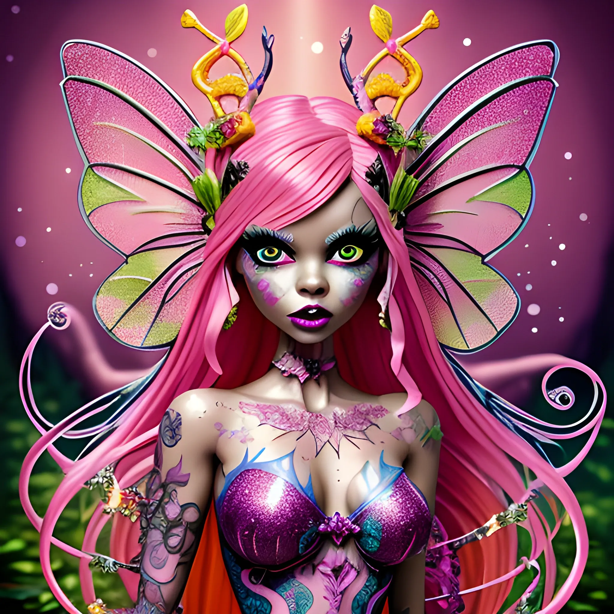  Mythical Fairy: monster High doll: vines: woman: fairy wings: forest: nature: orange and pink: detailed: glitter, airbrush, luminous color sparkles; graffiti art, splash art, street art, spray paint, oil gouache melting, acrylic, high contrast, colorful polychromatic, ultra detailed, ultra quality, CGSociety, 3D